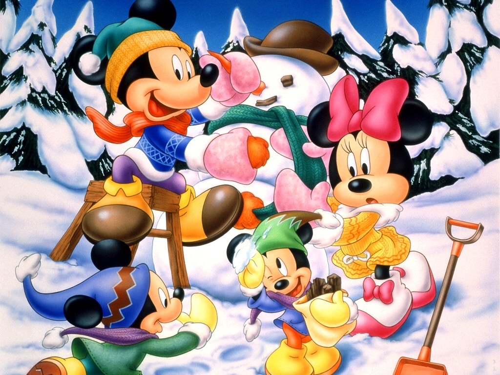 Fond d'ecran Mickey Minnie et les enfants à la neige