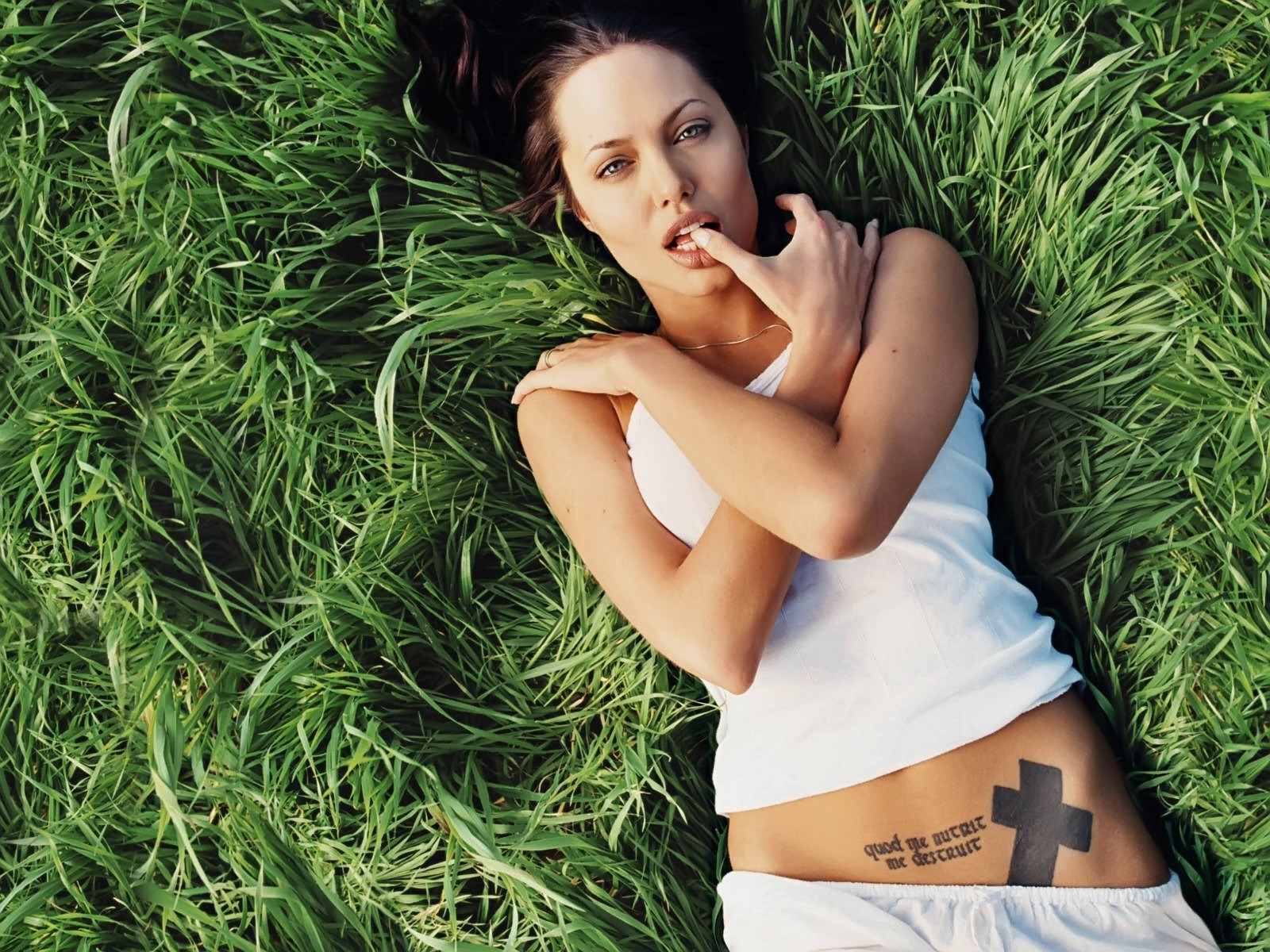 Fond d'ecran Angelina Jolie dans l'herbe