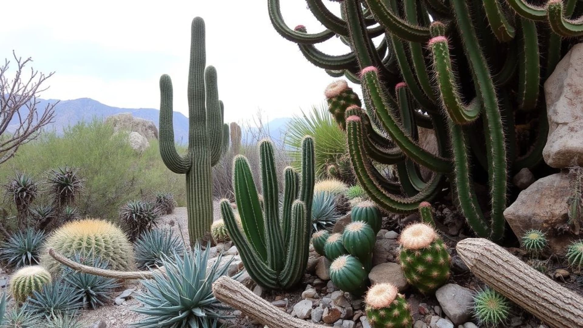 cactus et plantes succulentes dans un désert au crépuscule