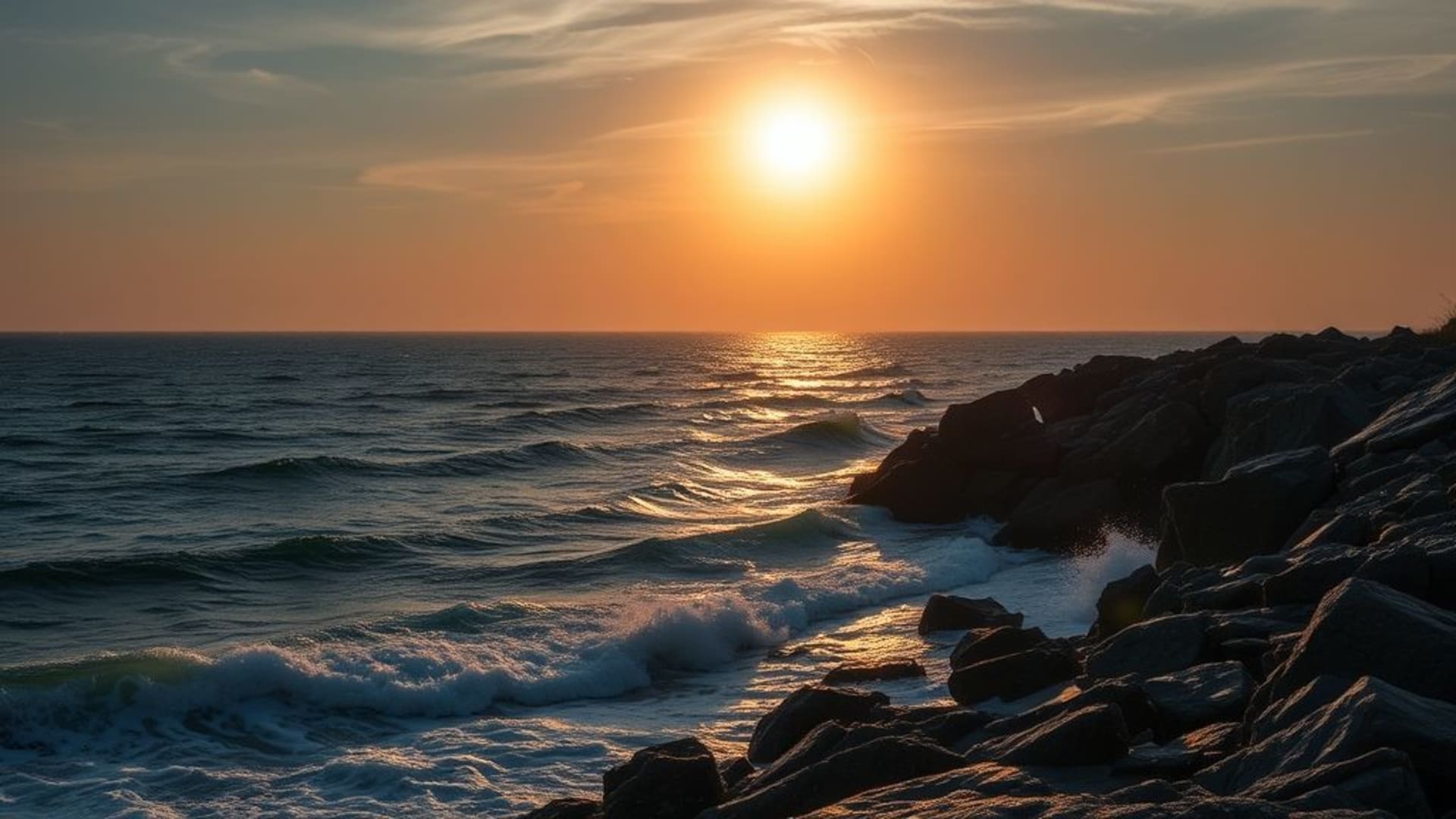 vagues déferlantes sur une côte rocheuse au coucher du soleil