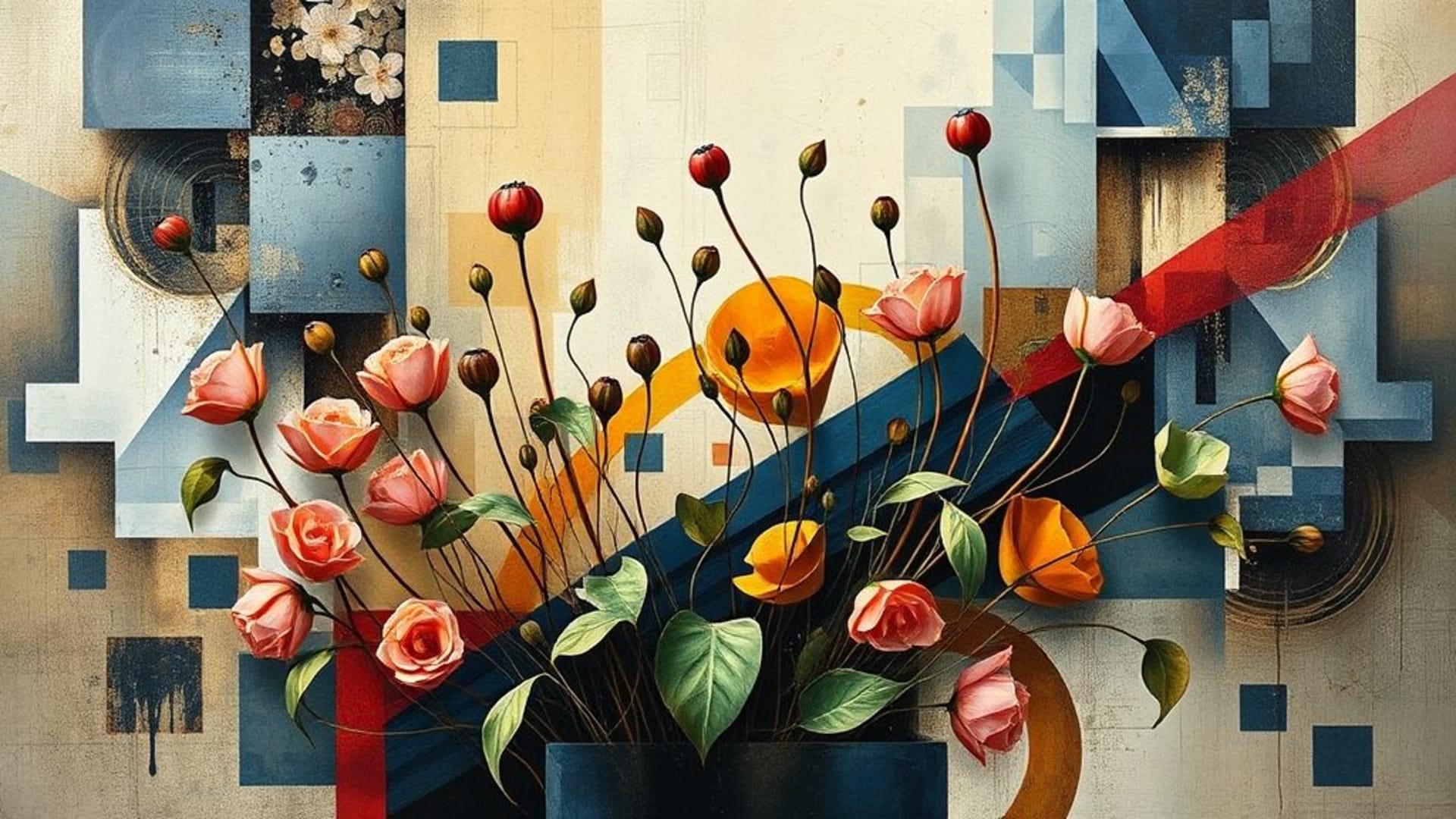 œuvres d’art abstraites avec couleures vives et formes géométriques