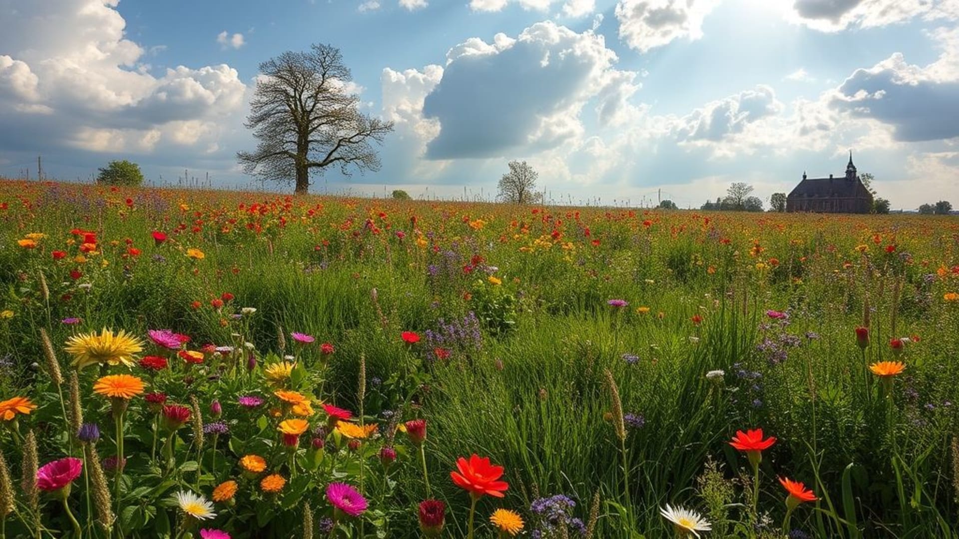 champs de fleurs sauvages sous un ciel de tempête