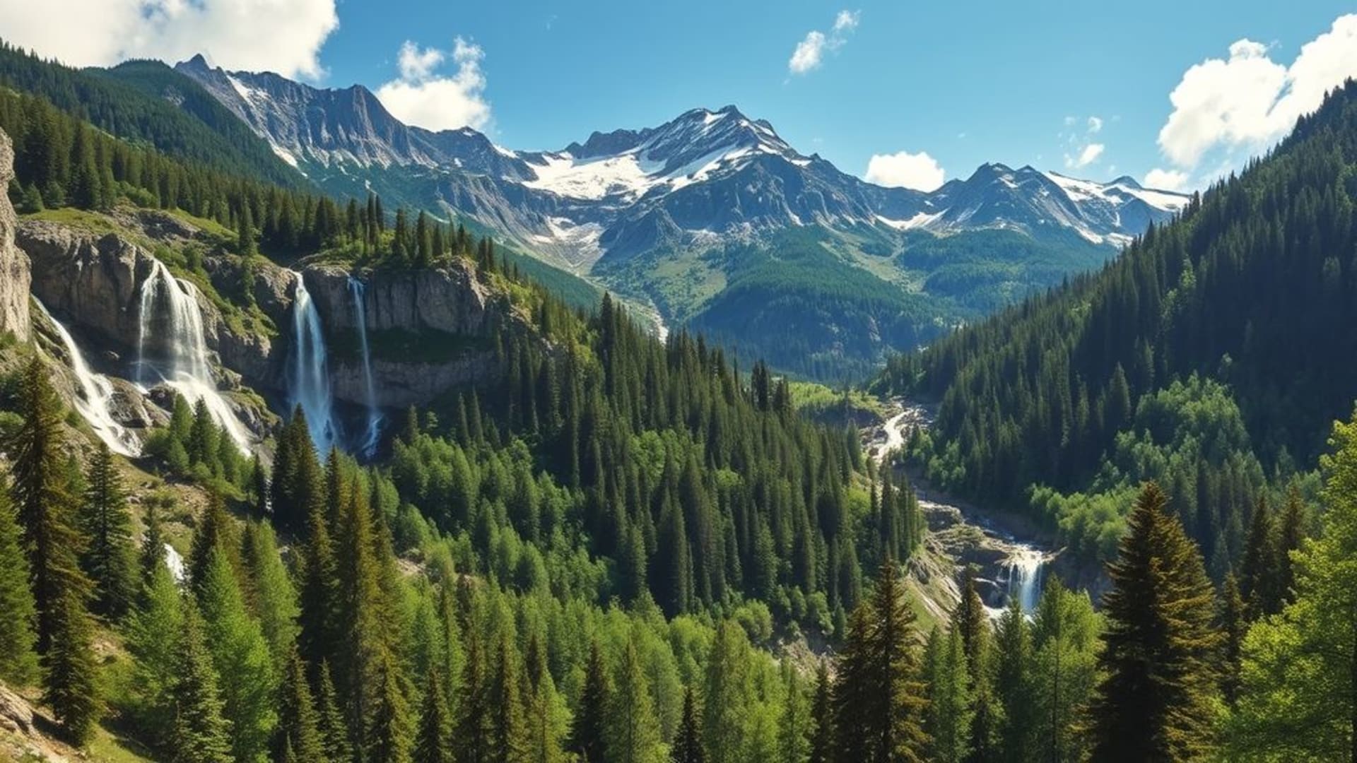 scènes de montagne avec cascades et forêts luxuriantes