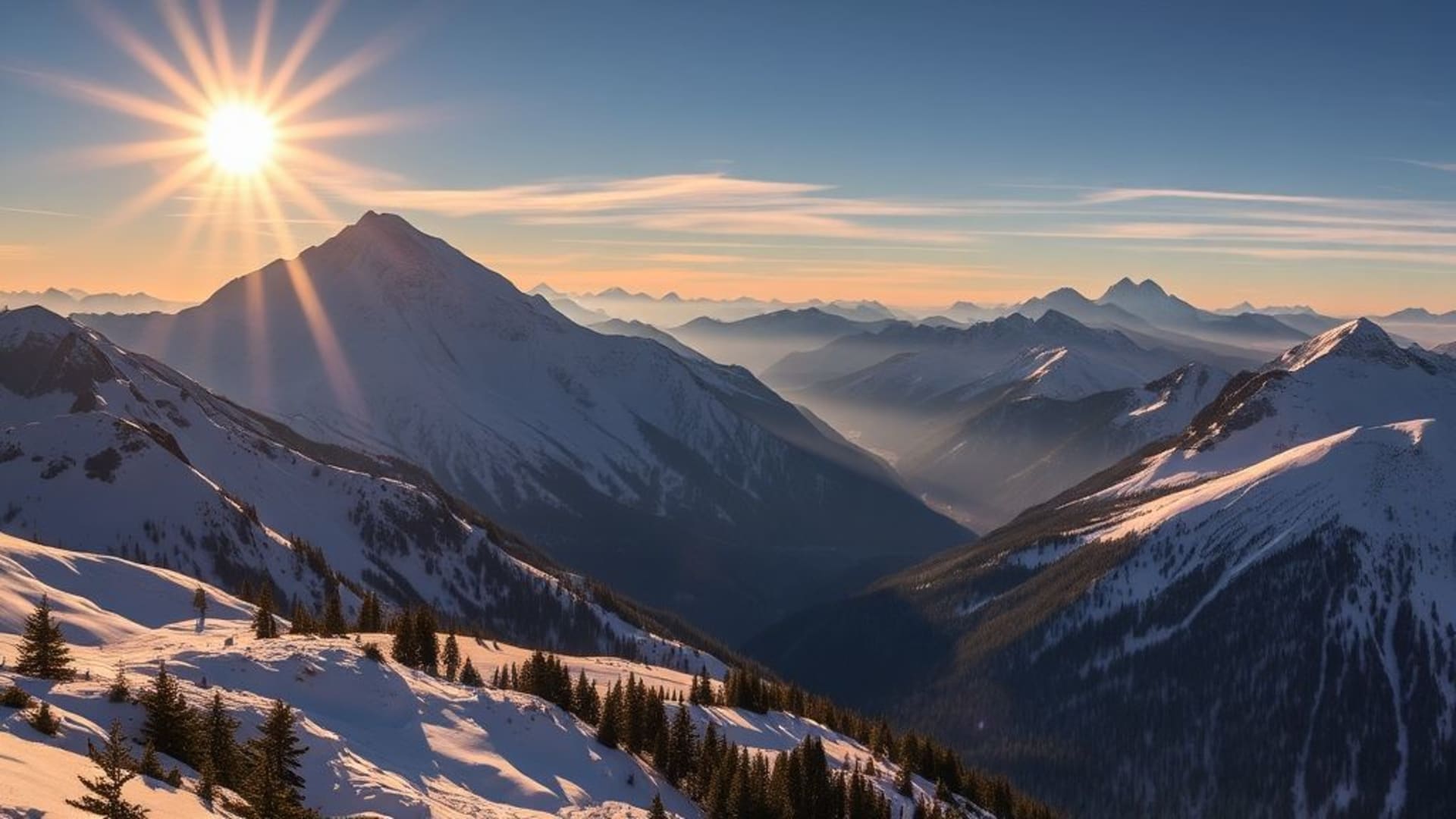montagnes enneigées au levé du soleil