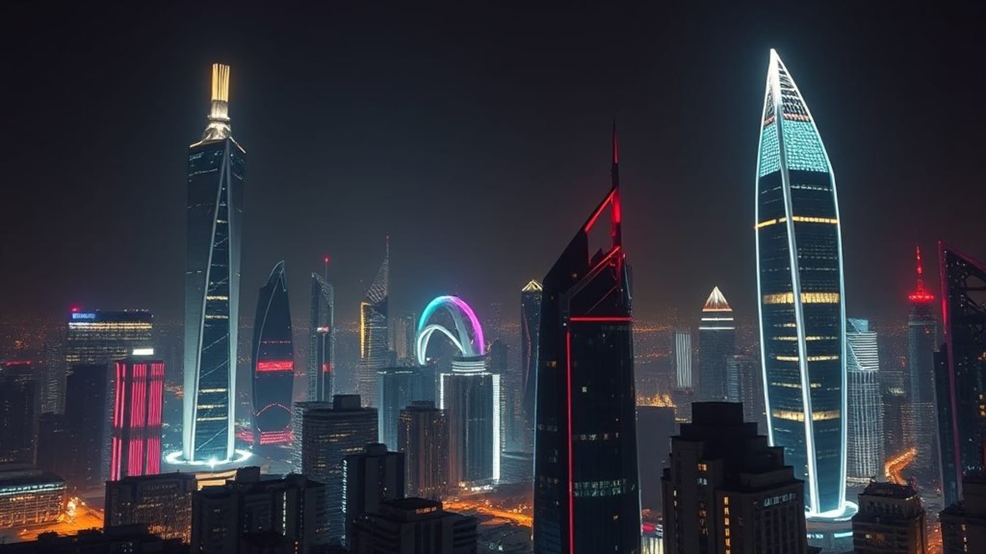 villes futuristes avec skyscrapers lumineux la nuit