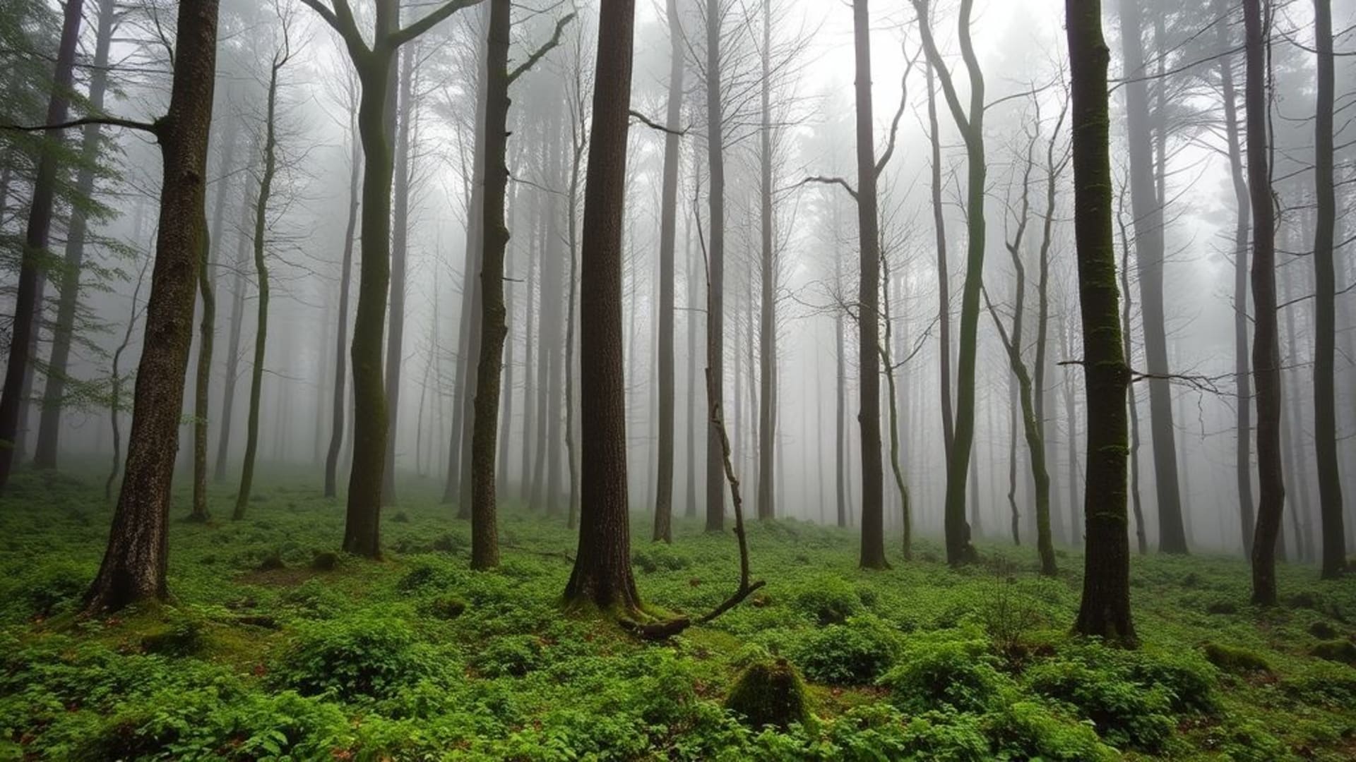 forêts mystérieuses avec brume matinale