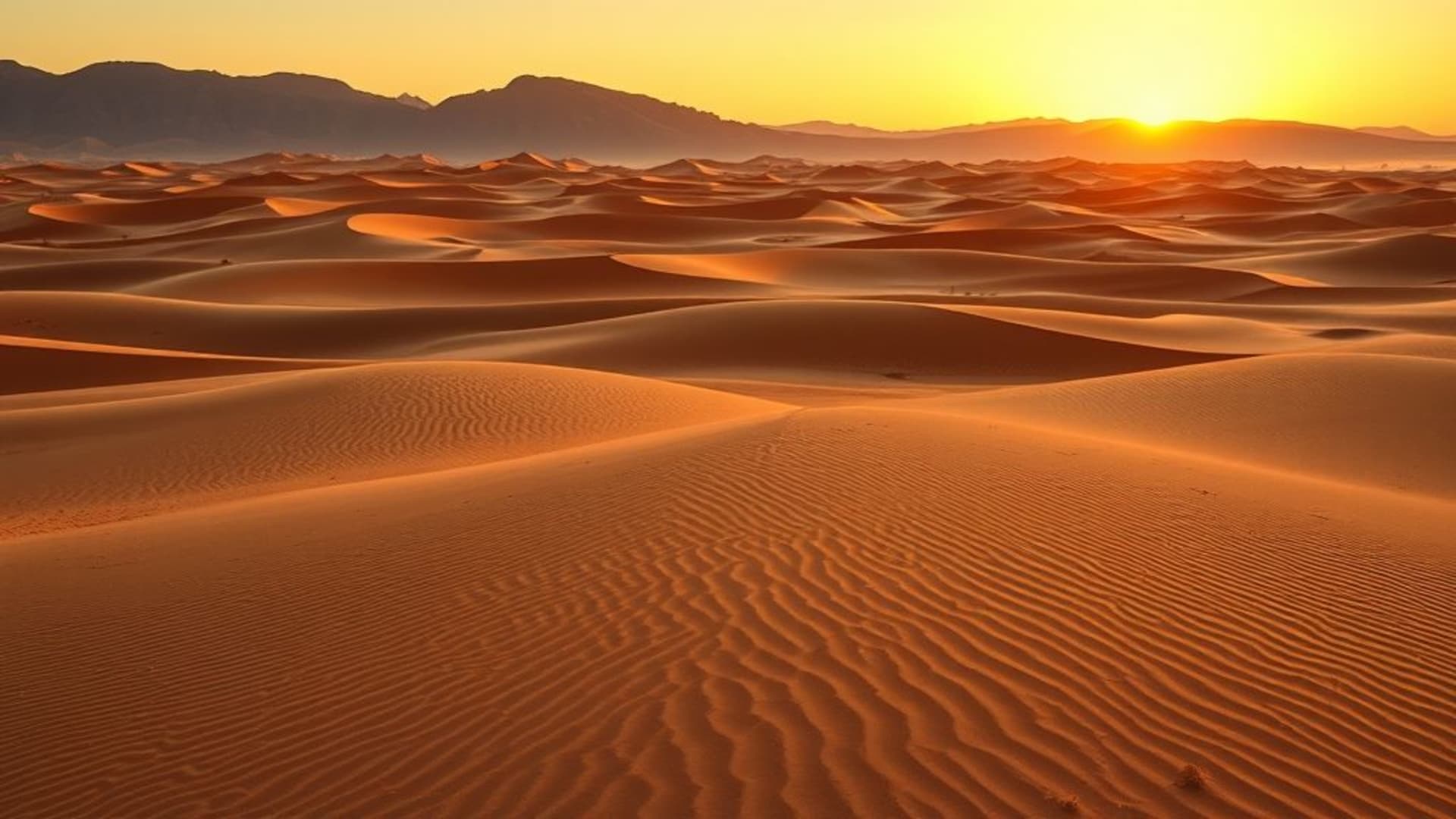 coucher de soleil sur désert de dunes dorées