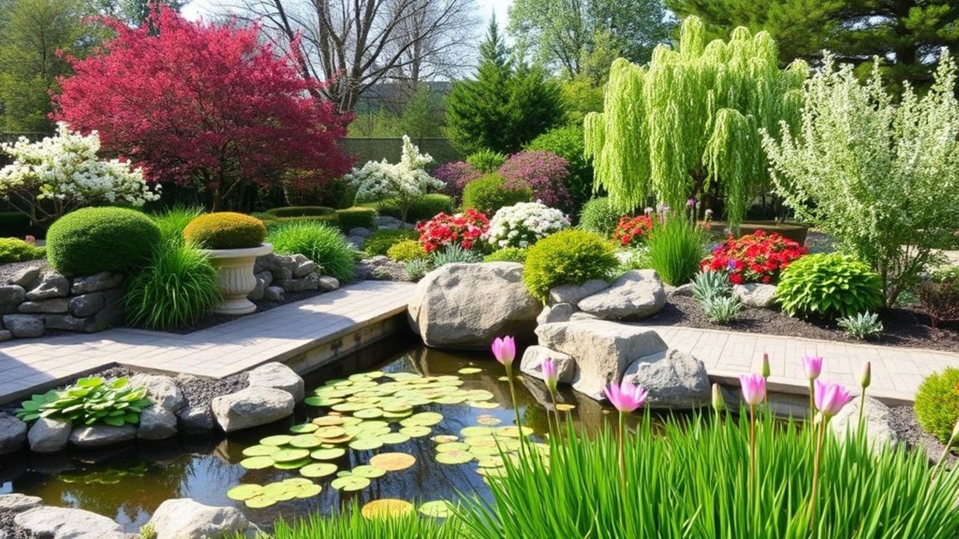 jardins zen japonais avec étangs et ponts en bois