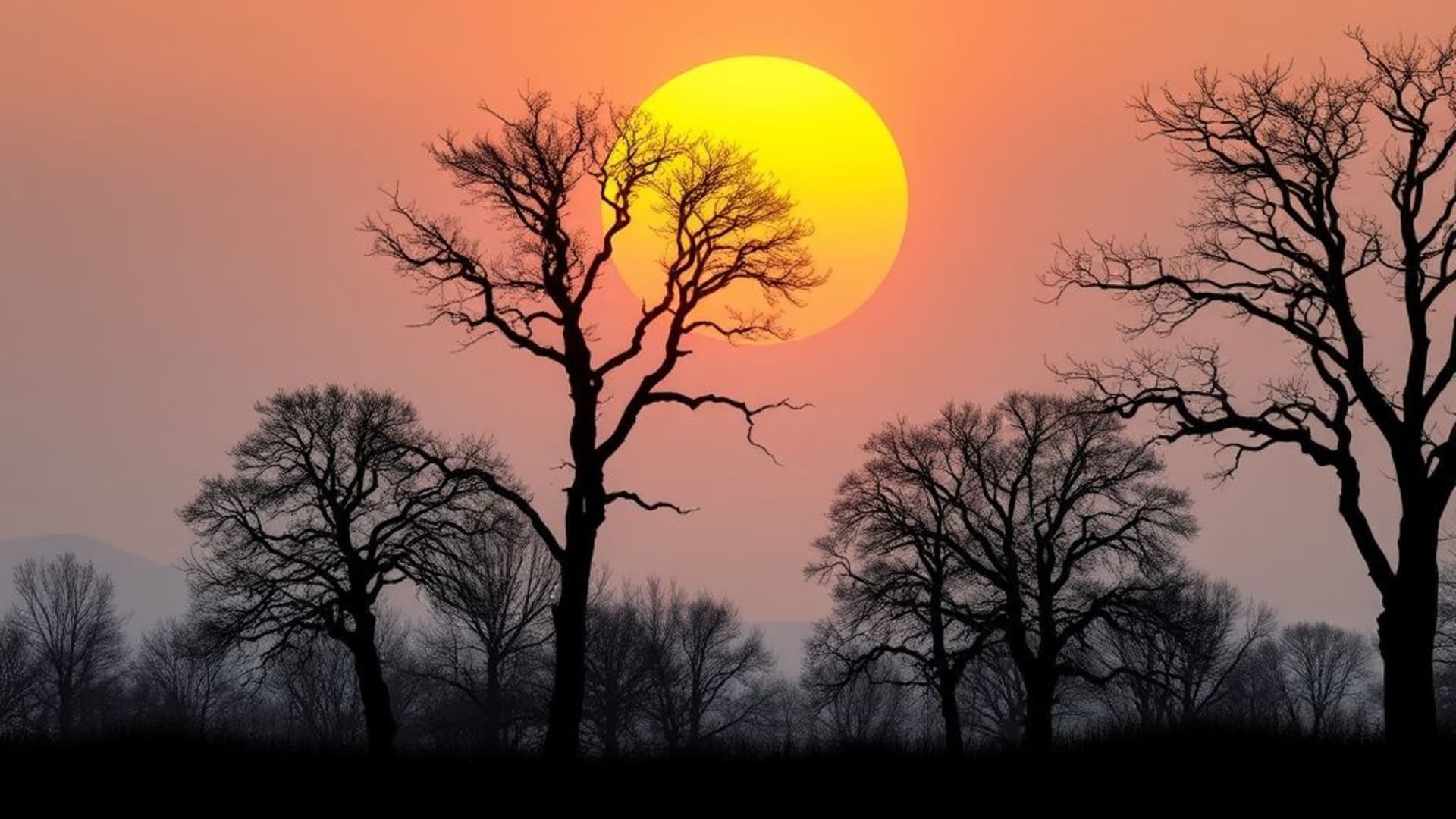 silhouettes d’arbres isolés au crépuscule