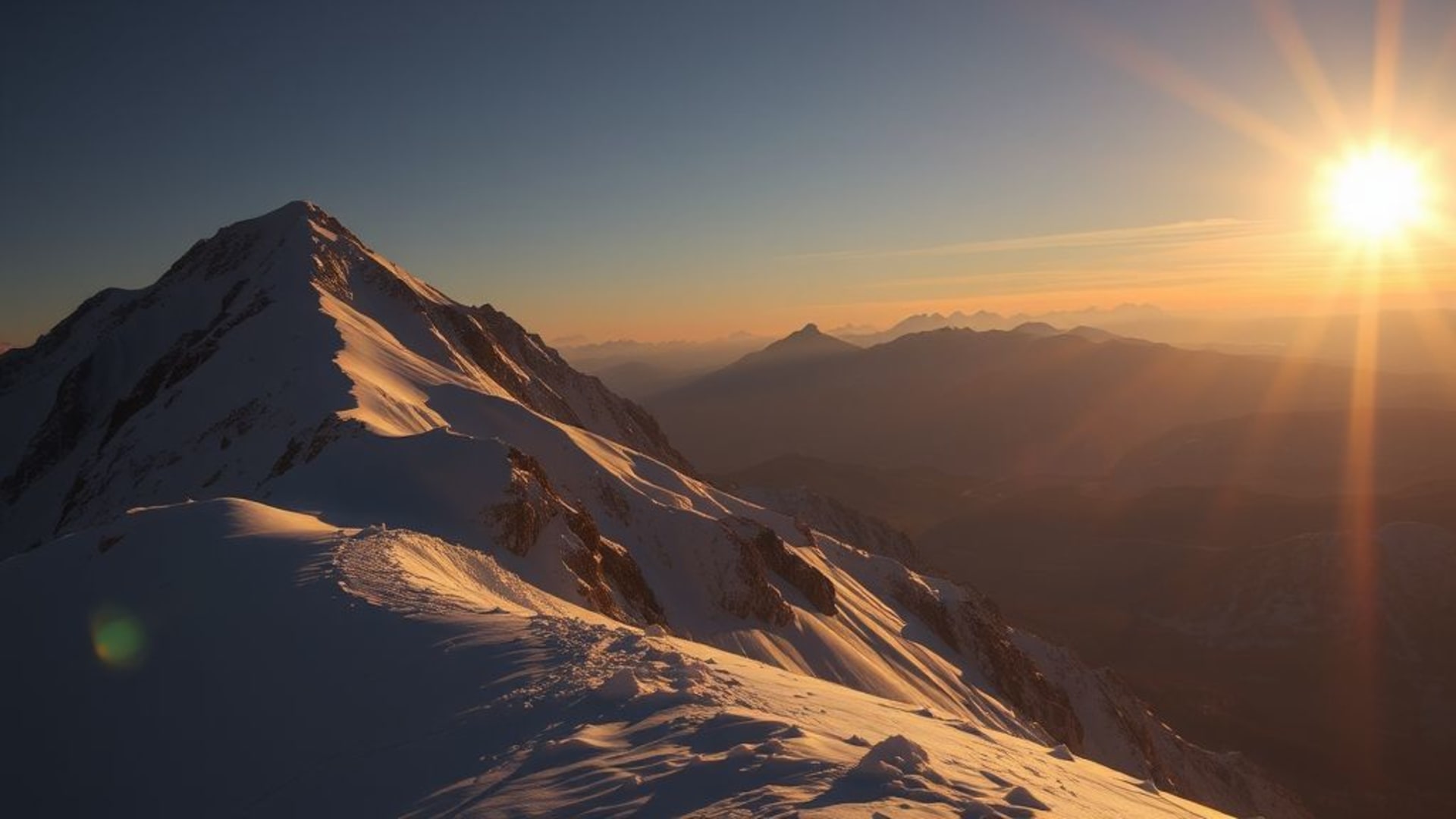 montagne enneigée au lever du soleil avec lumière dorée et ciel étoilé