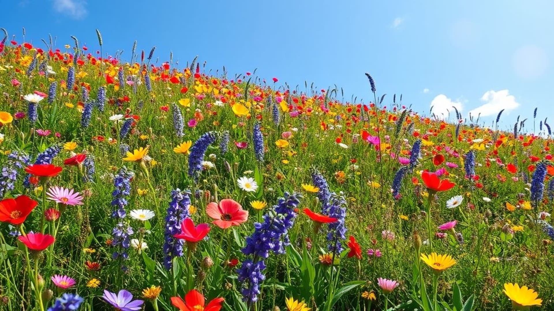 champs de fleurs sauvages colorées sous un ciel bleu clair et ambiance paisible