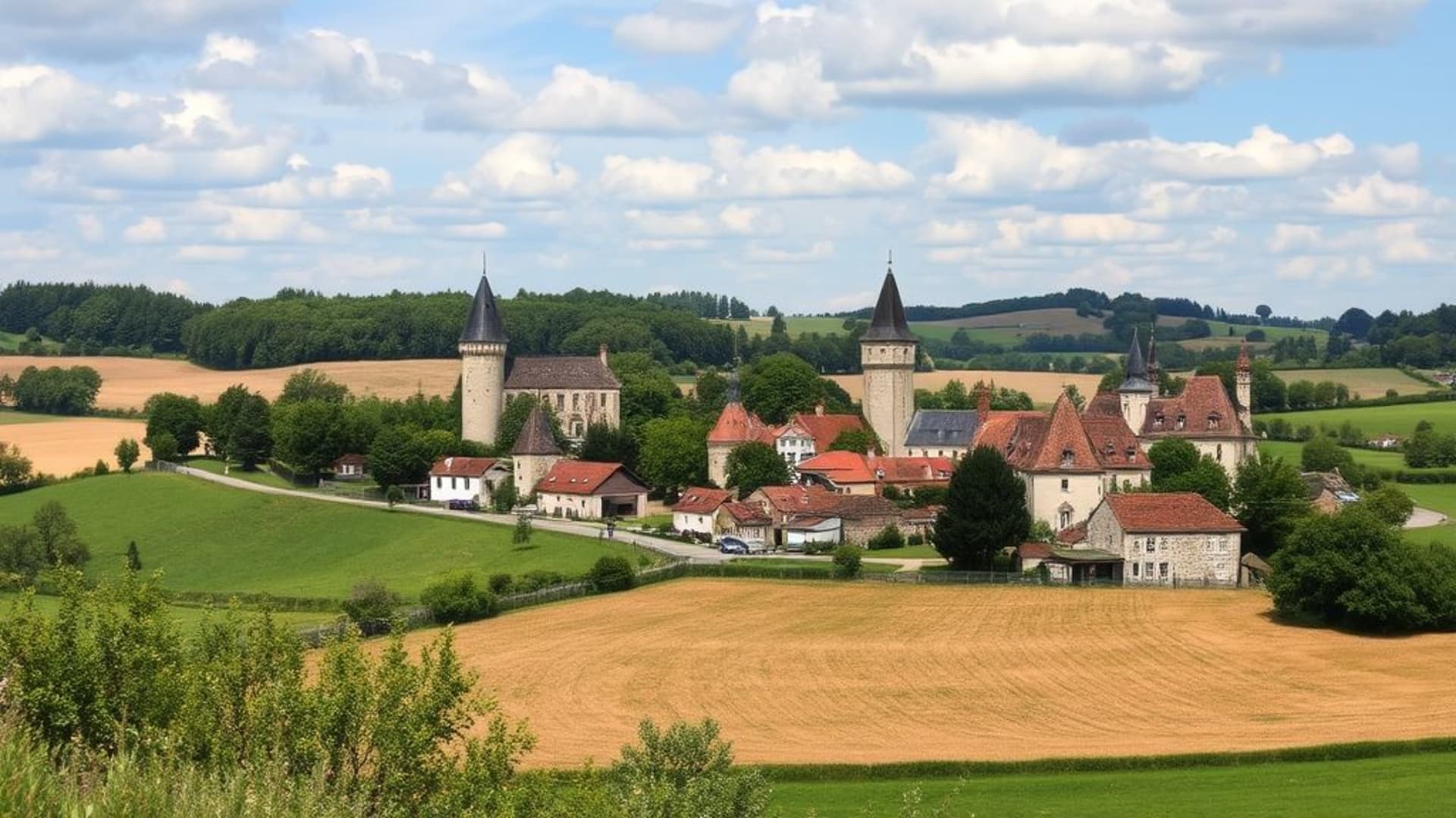 paysages de campagne médiévale avec châteaux, tours et village historique