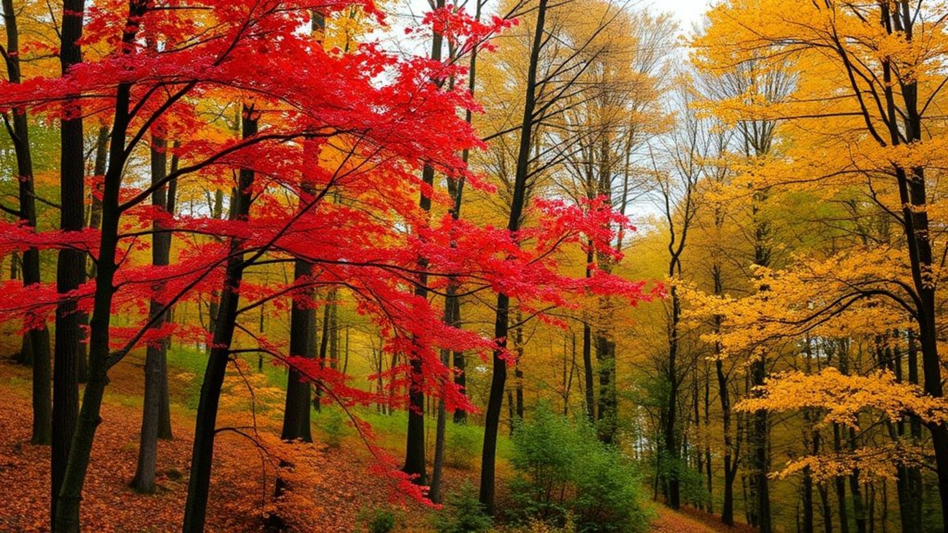 forêts automnales avec arbres aux feuilles rouges, oranges et jaunes