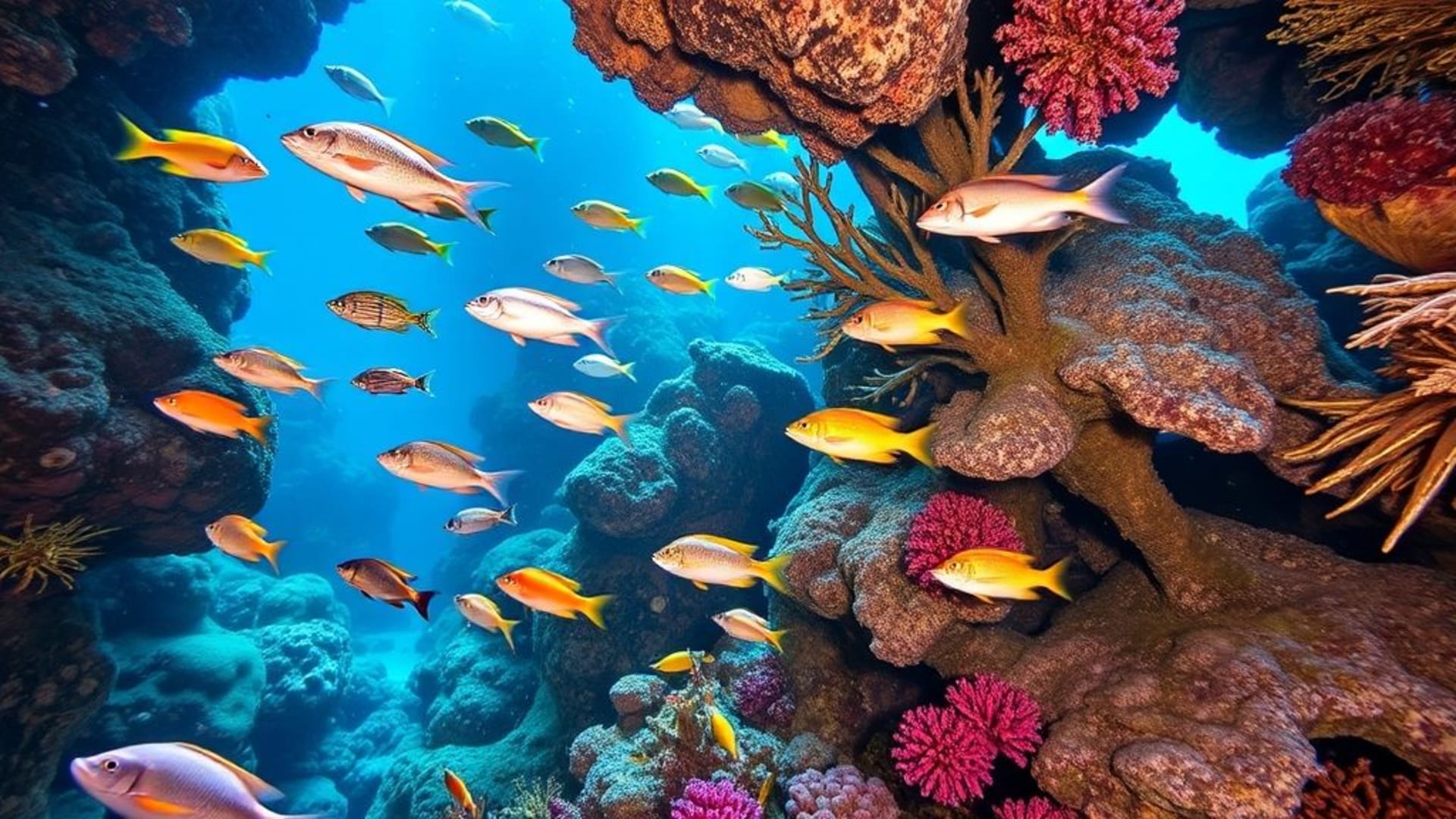 galeries sous-marines avec coraux et poissons tropicaux colorés