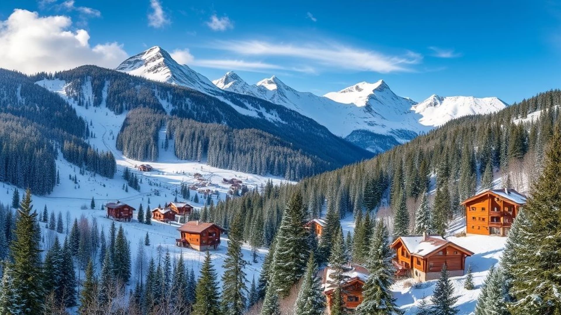 paysages enneigés avec cabanes en bois et traîneaux ou skis