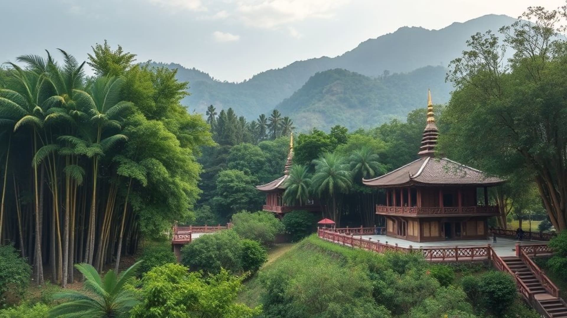 forets de bambous ou paysages de montagne asiatique avec temples anciens