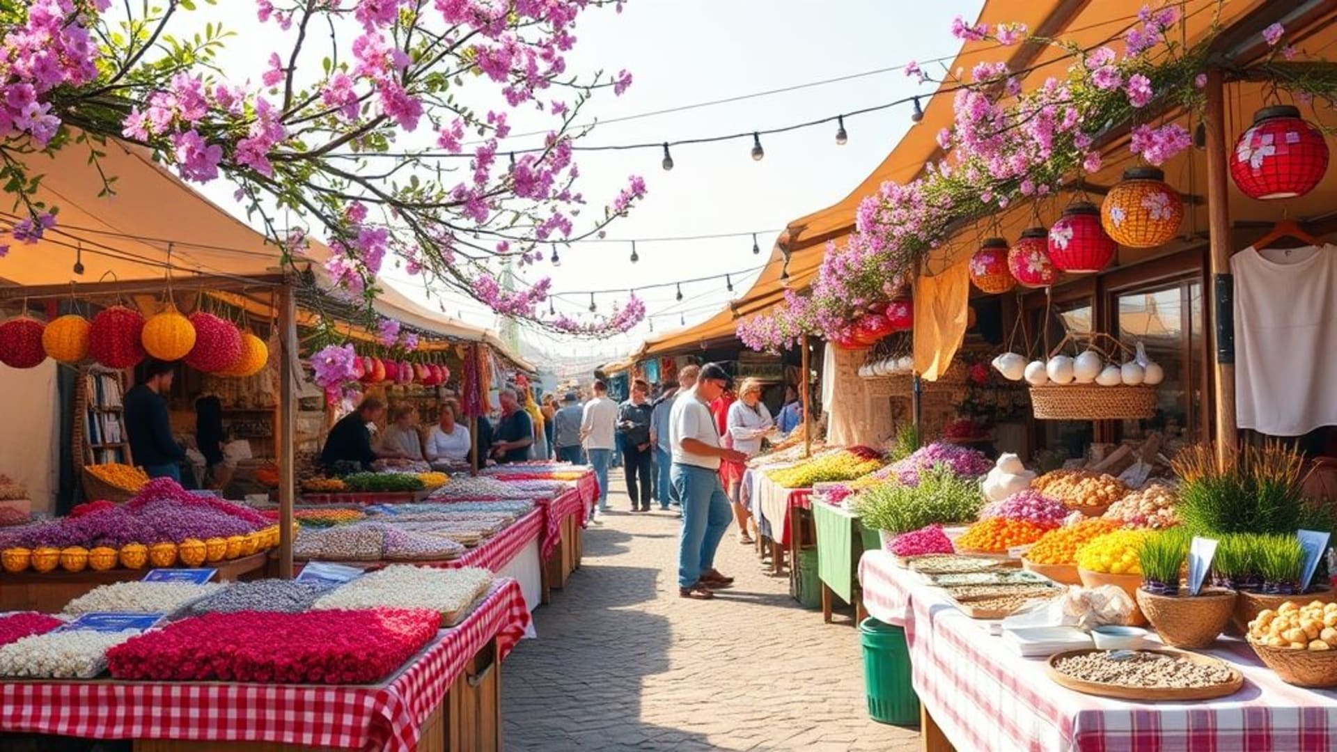 scènes de marché traditionnel avec étals colorés et artisans locaux