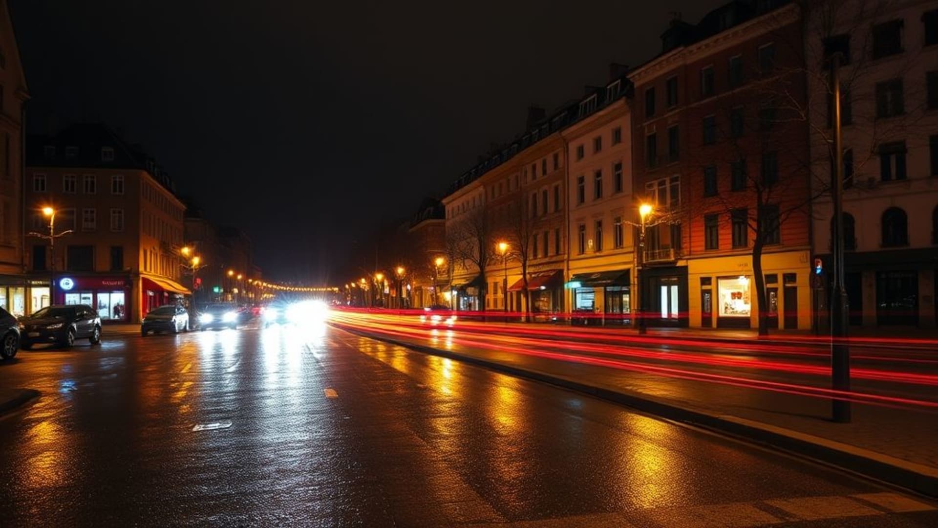 reflets de néons dans la pluie sur des rues de la ville la nuit.