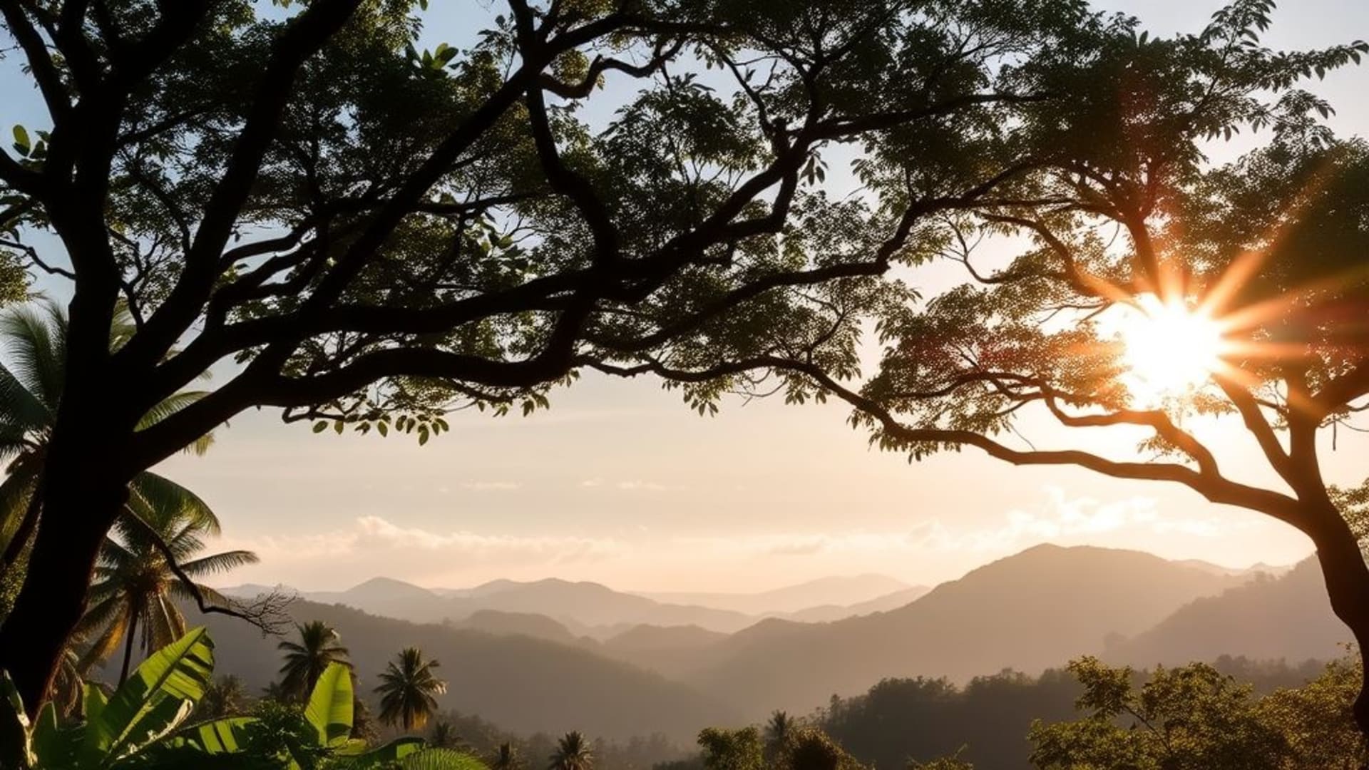 montagnes enneigées au lever du soleil,forêt tropicale luxuriante avec brume matinale