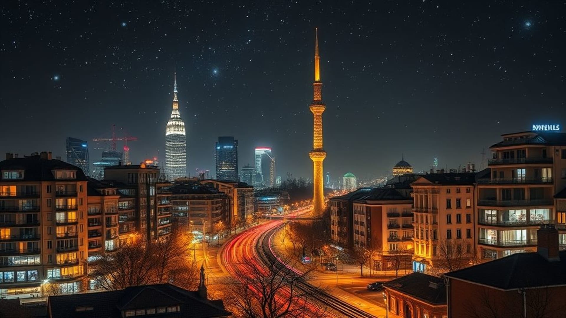 villes futuristes illuminées la nuit avec gratte-ciels innovants