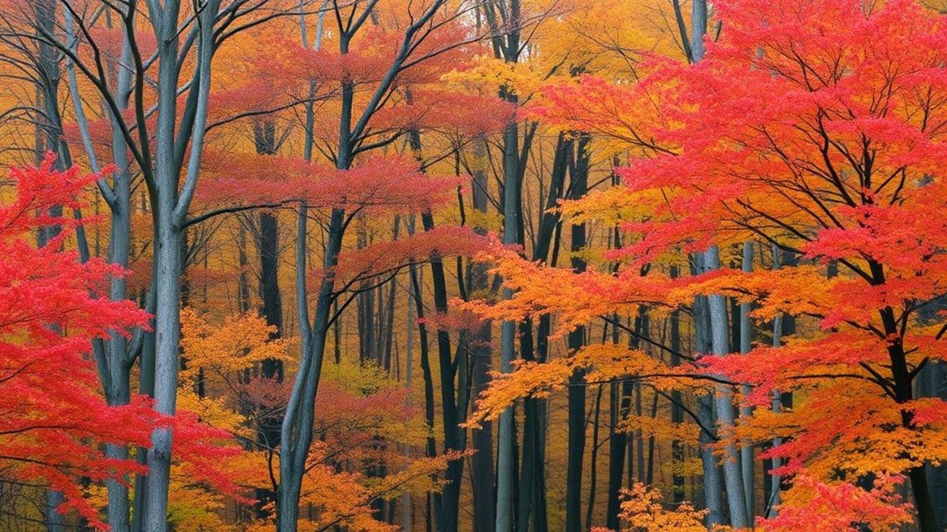 forêts automnales avec feuilles rouges, orange et jaunes en pleine chute