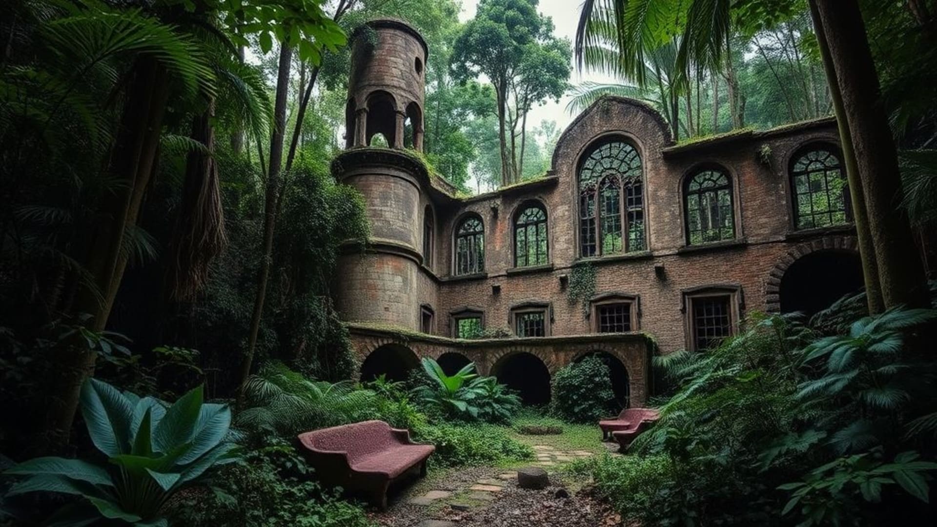 ruines antiques dans une jungle dense, ambiance mystérieuse