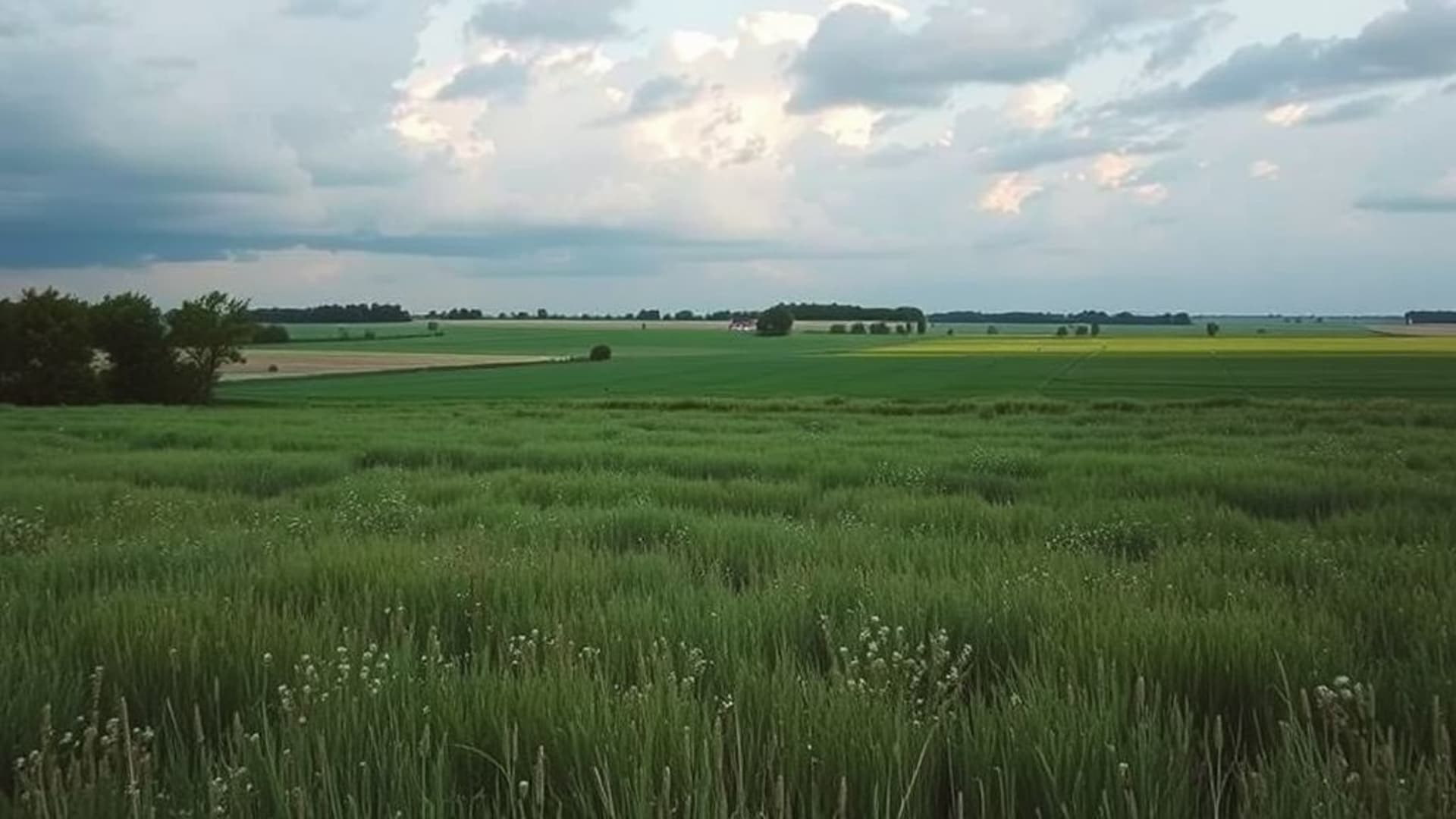 prairies vertes ondulantes sous un ciel dramatique