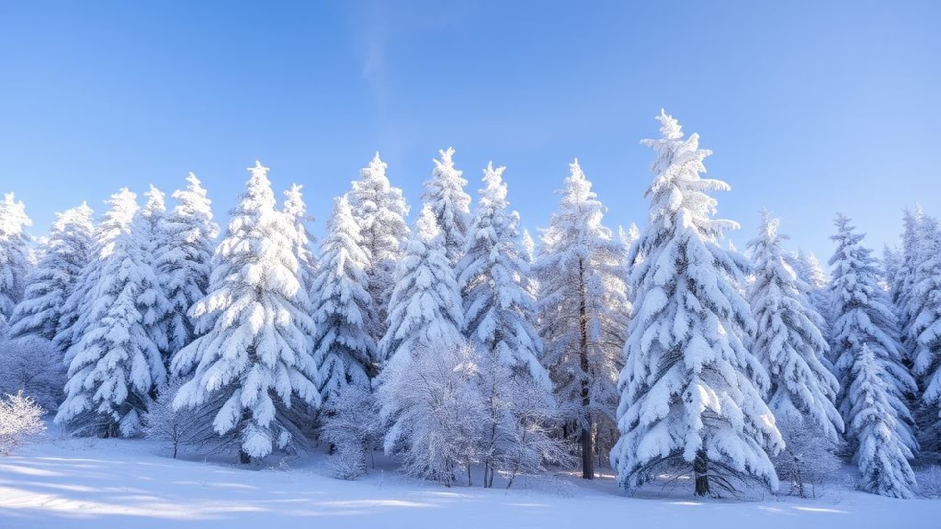 forêts de conifères enneigés sous un ciel d’hiver clair