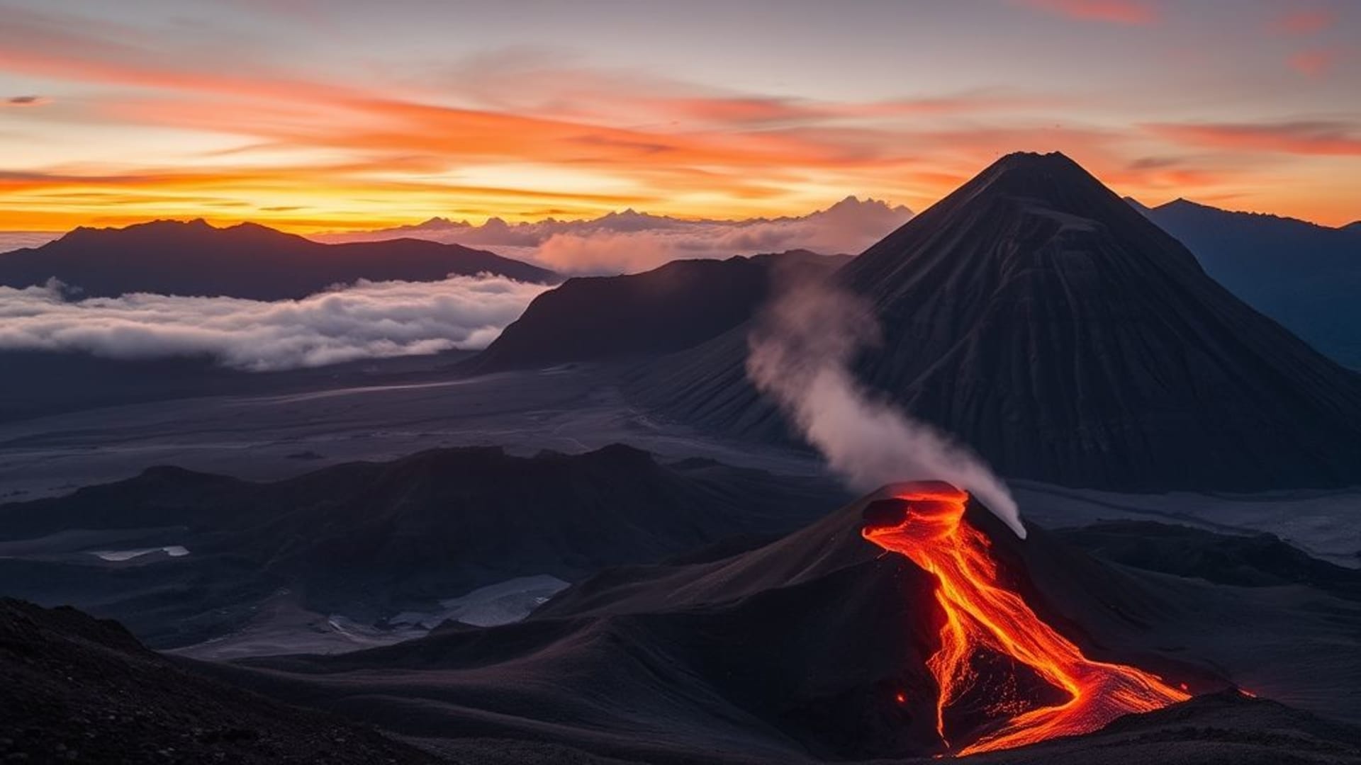 paysages de volcans en activité avec coulées de lave incandescent