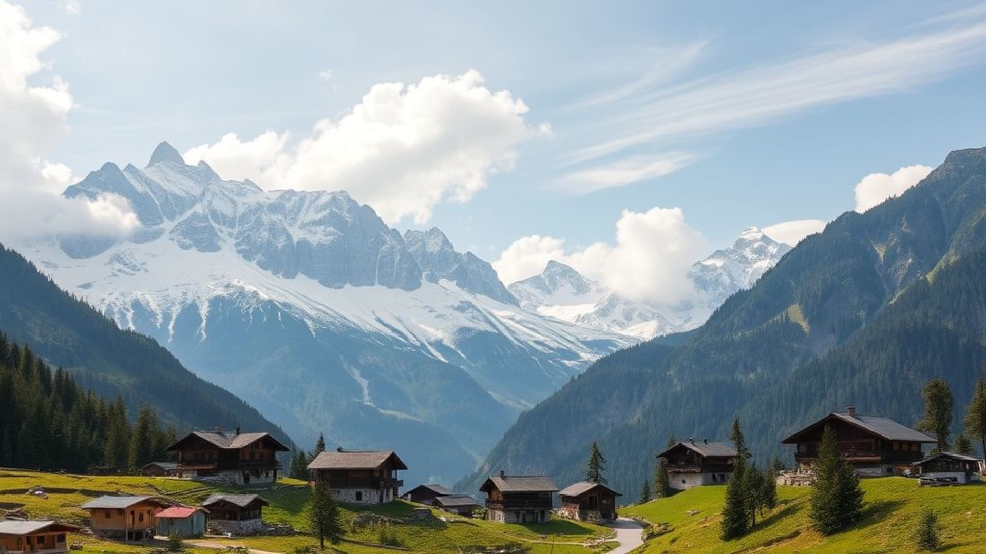 paysages alpins avec chalets traditionnels et montagnes enneigées