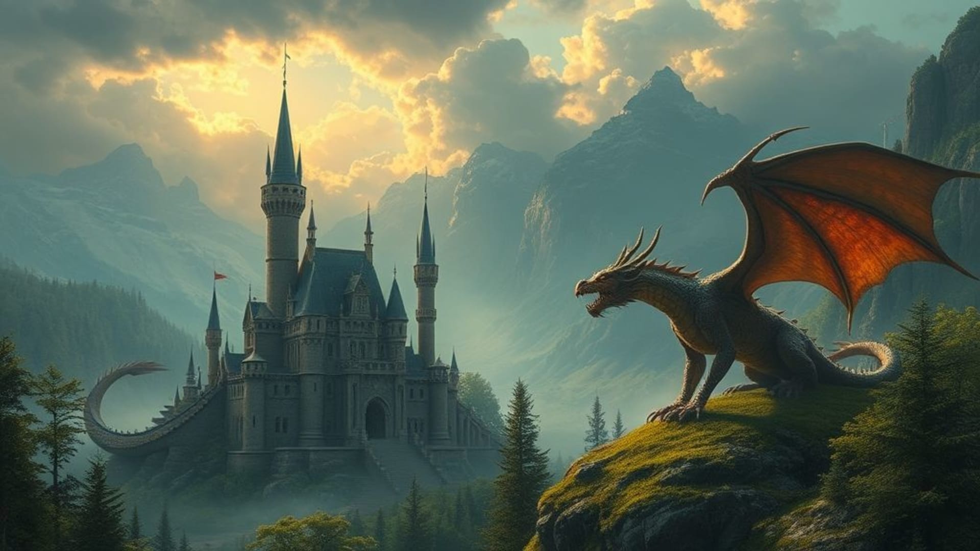 scènes de fantasy avec dragons et châteaux