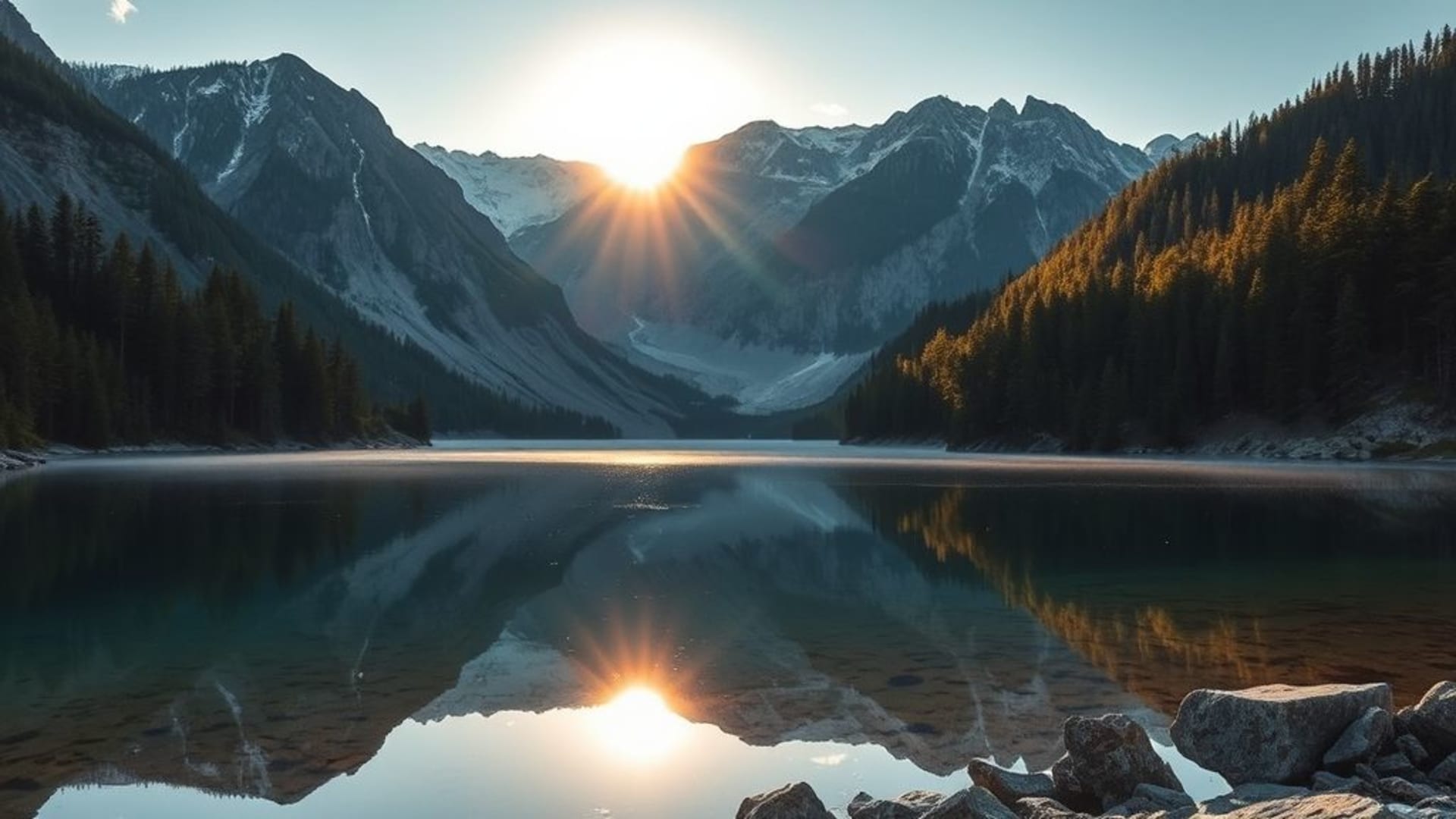montagnes enneigées au lever du soleil avec lac miroir et forêt dense