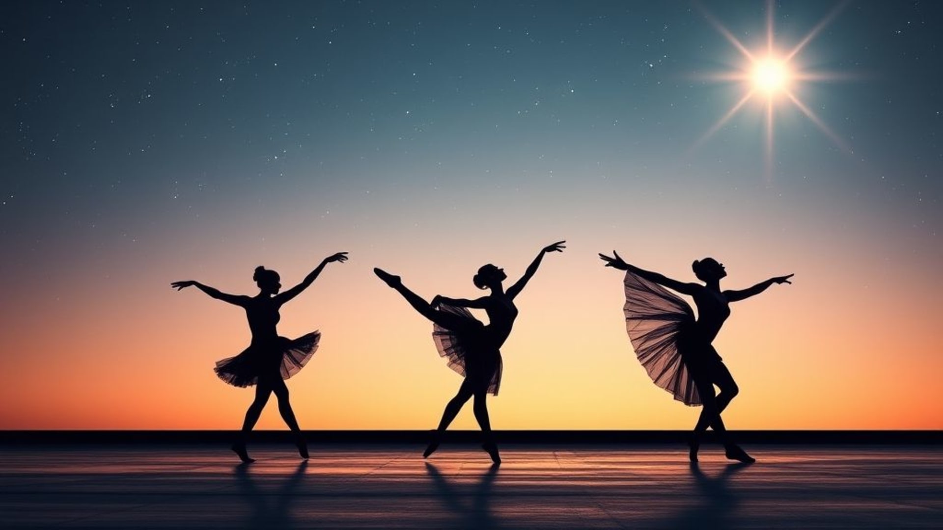 danseurs de ballet en silhouette contre un ciel étoilé lumineux