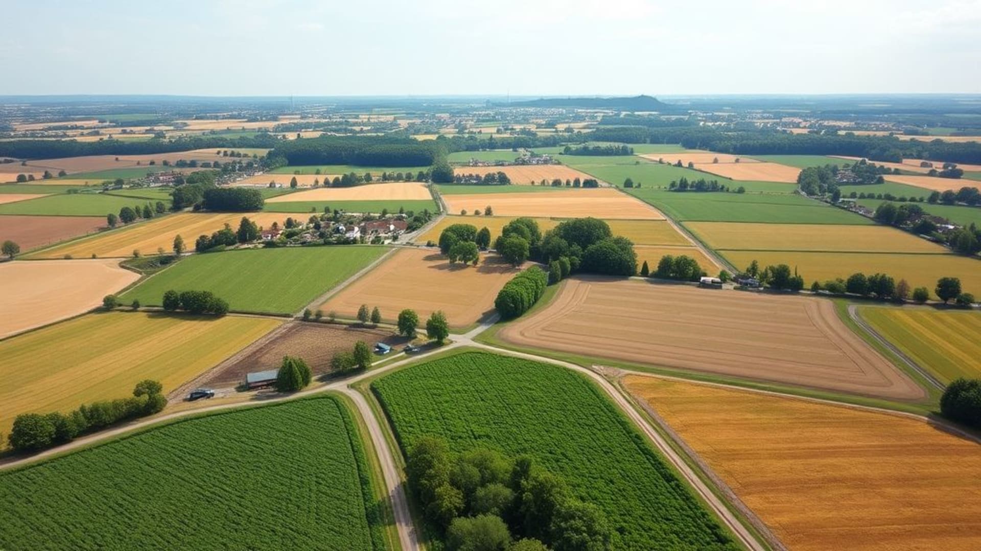vues aériennes de campagnes verdoyantes avec champs cultivés et fermes traditionnelles