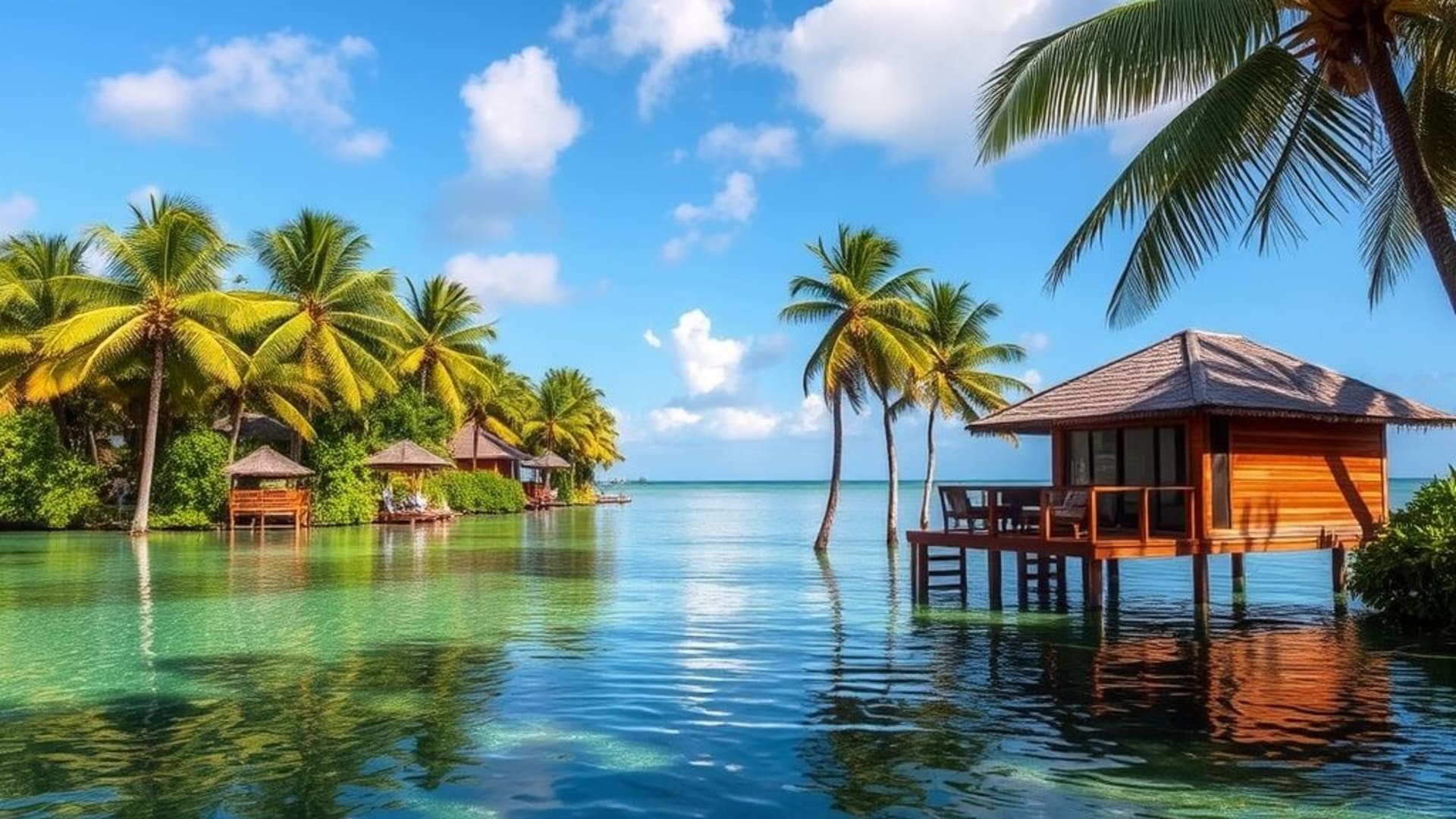calmes plages tropicales avec cabanes en bois et cocotiers