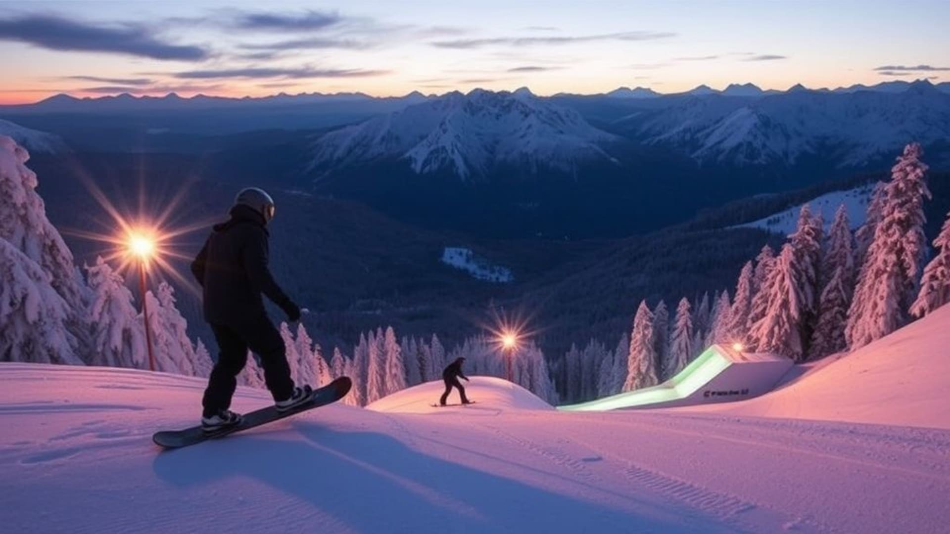 scènes de snowboard dans des montagnes enneigées et snowparks