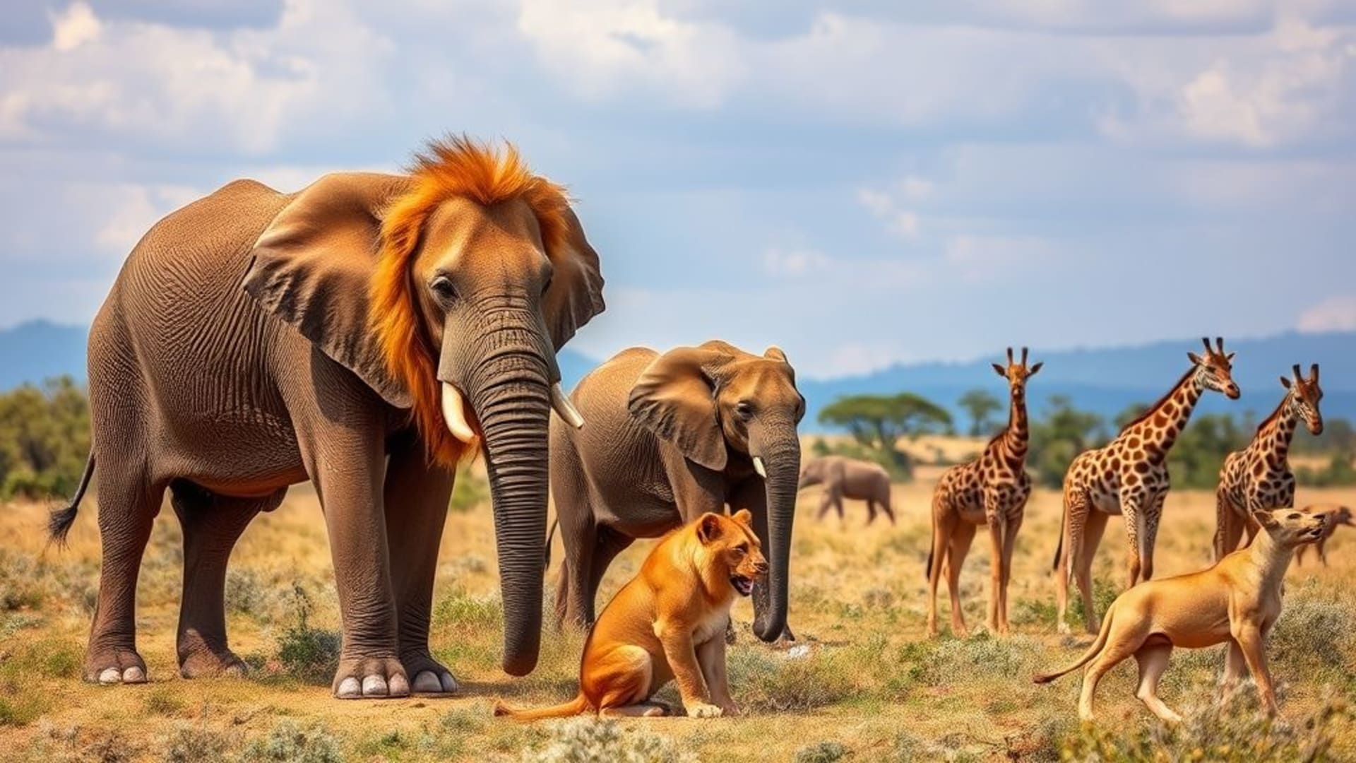 wildlife africain avec lions, éléphants et girafes lors d'une journée en savane
