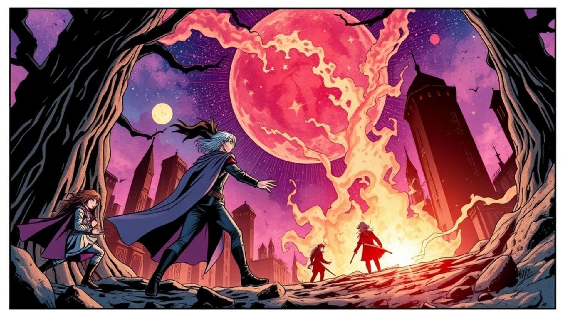 dessins de style manga avec personnages dynamiques et arrière-plans fantastiques