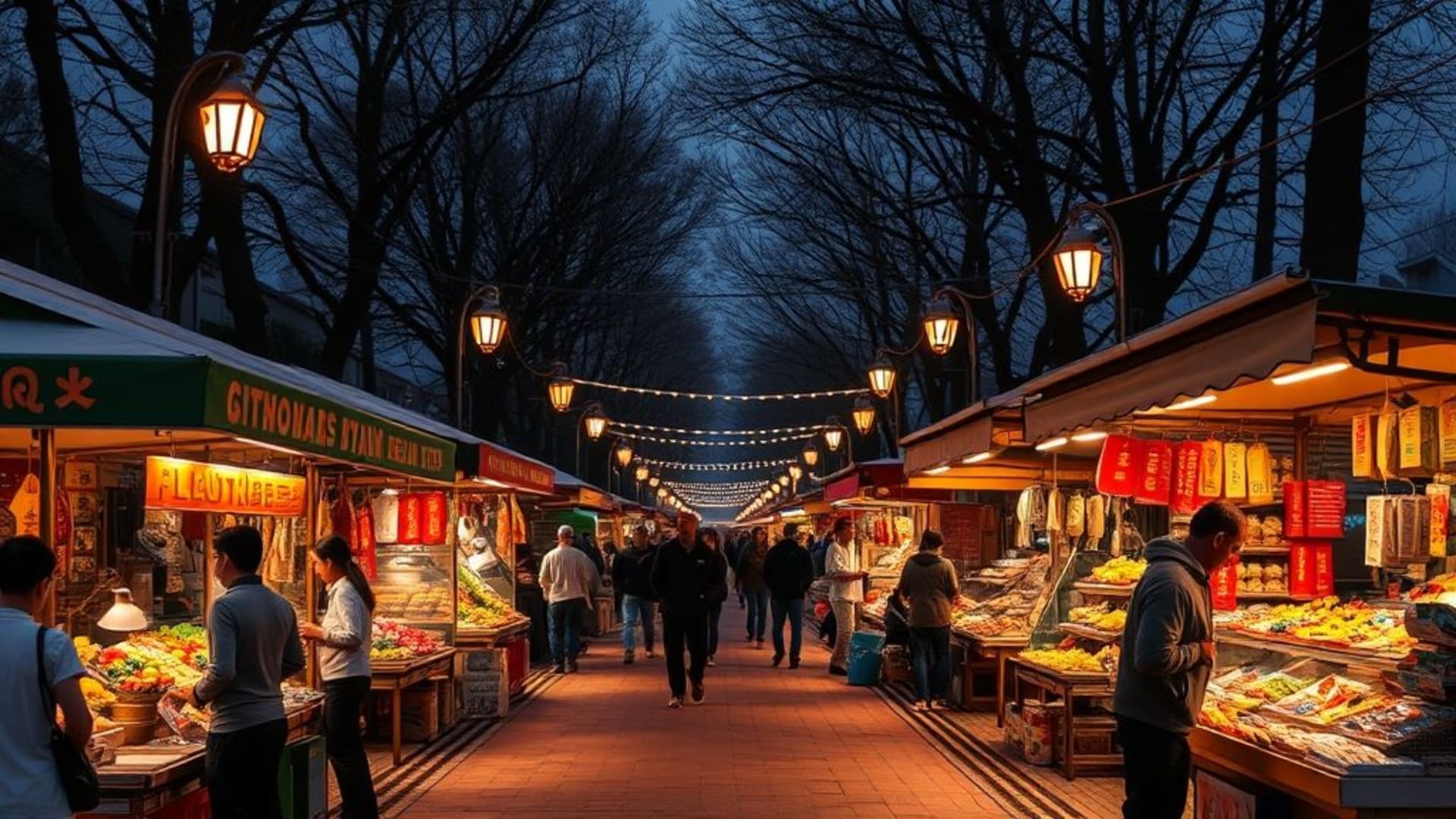 scènes de marché de nuit traditionnels en Asie avec lumières et stands