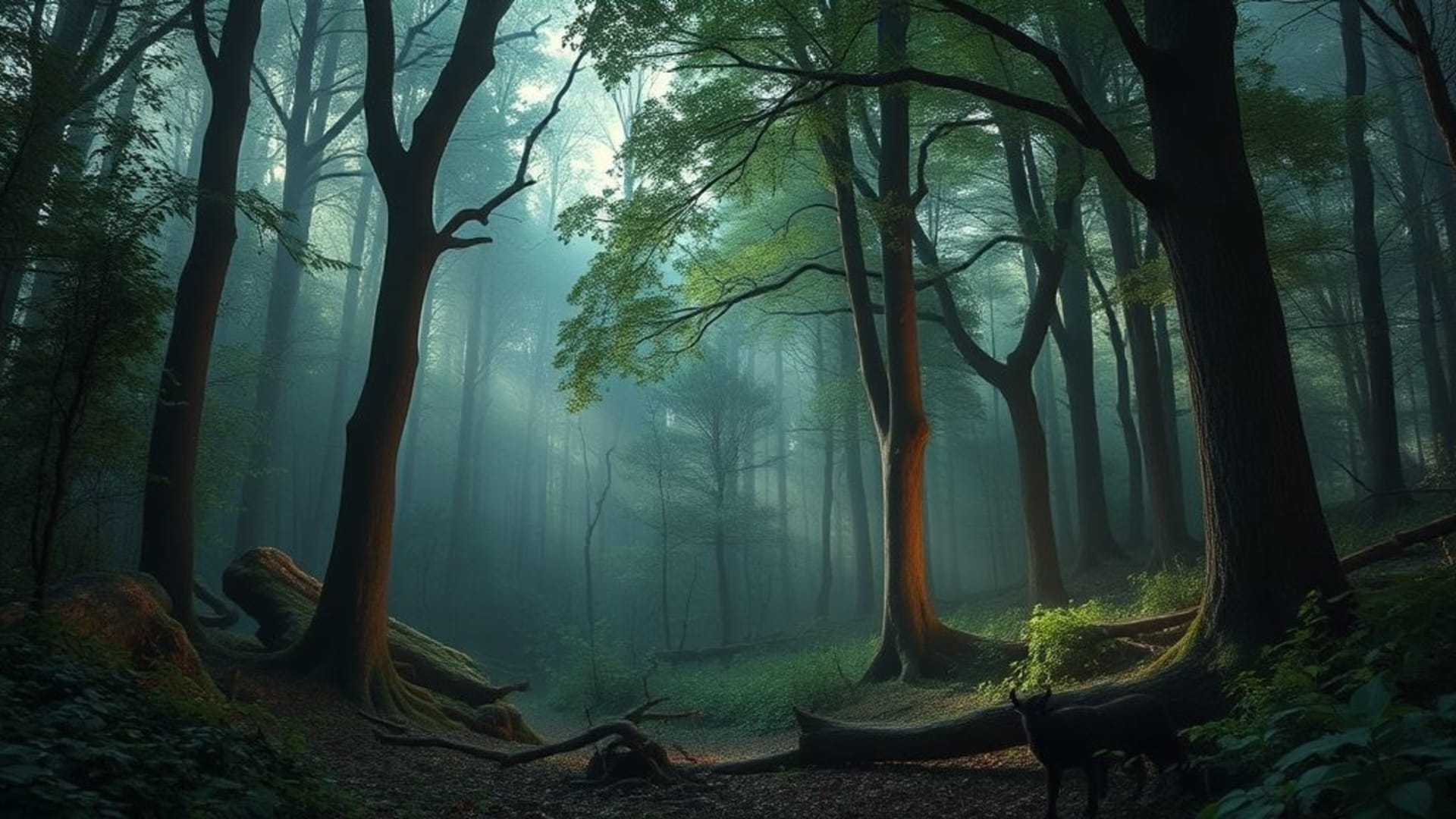 forêts enneigées avec reflets cristallins et animaux sauvages mystérieux