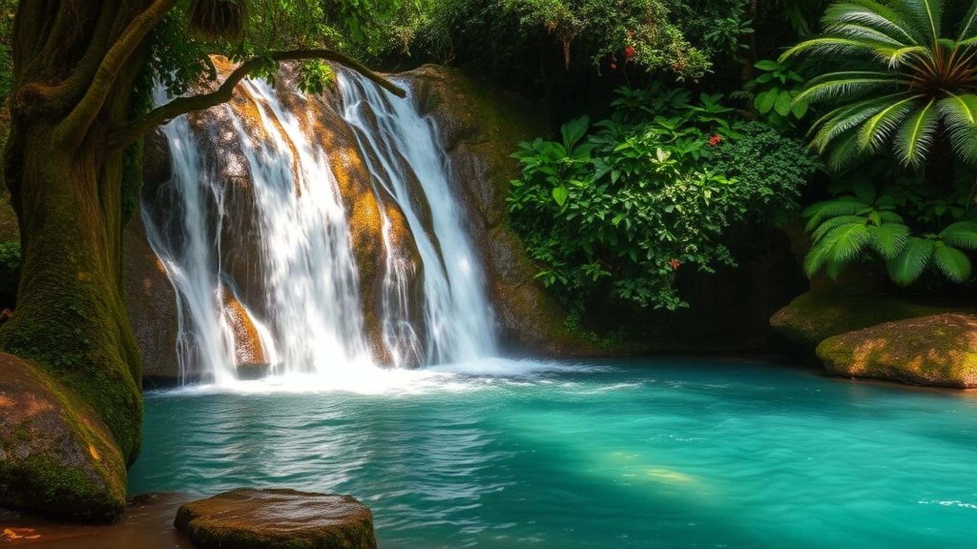 cascades tropicales au secret, entourées de végétation dense et vibrante