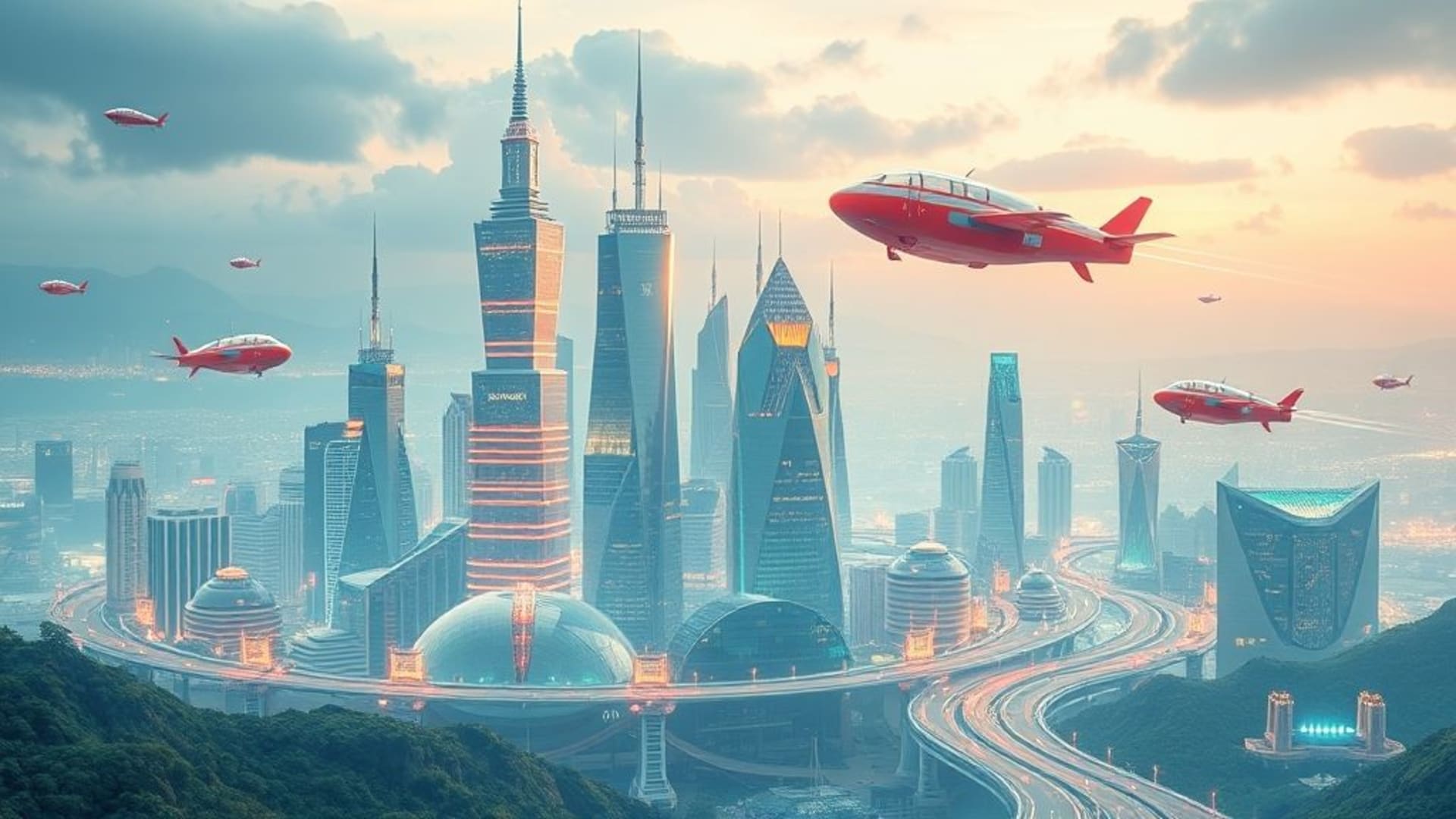 art numérique futuriste avec villes en hologrammes et véhicules volants