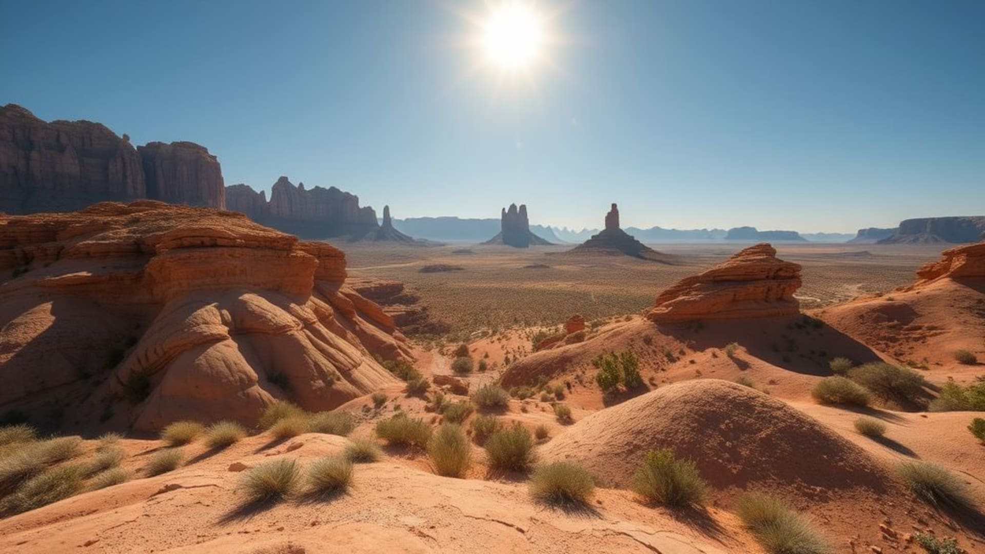 paysages désertiques avec formations rocheuses étranges et coucher de soleil rougeoyant