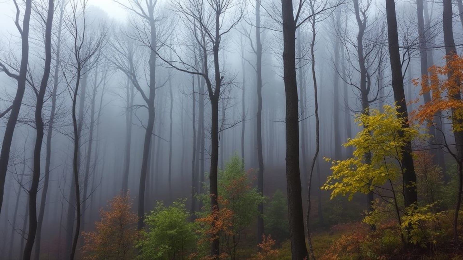 forêts mystérieuses avec brume matinale