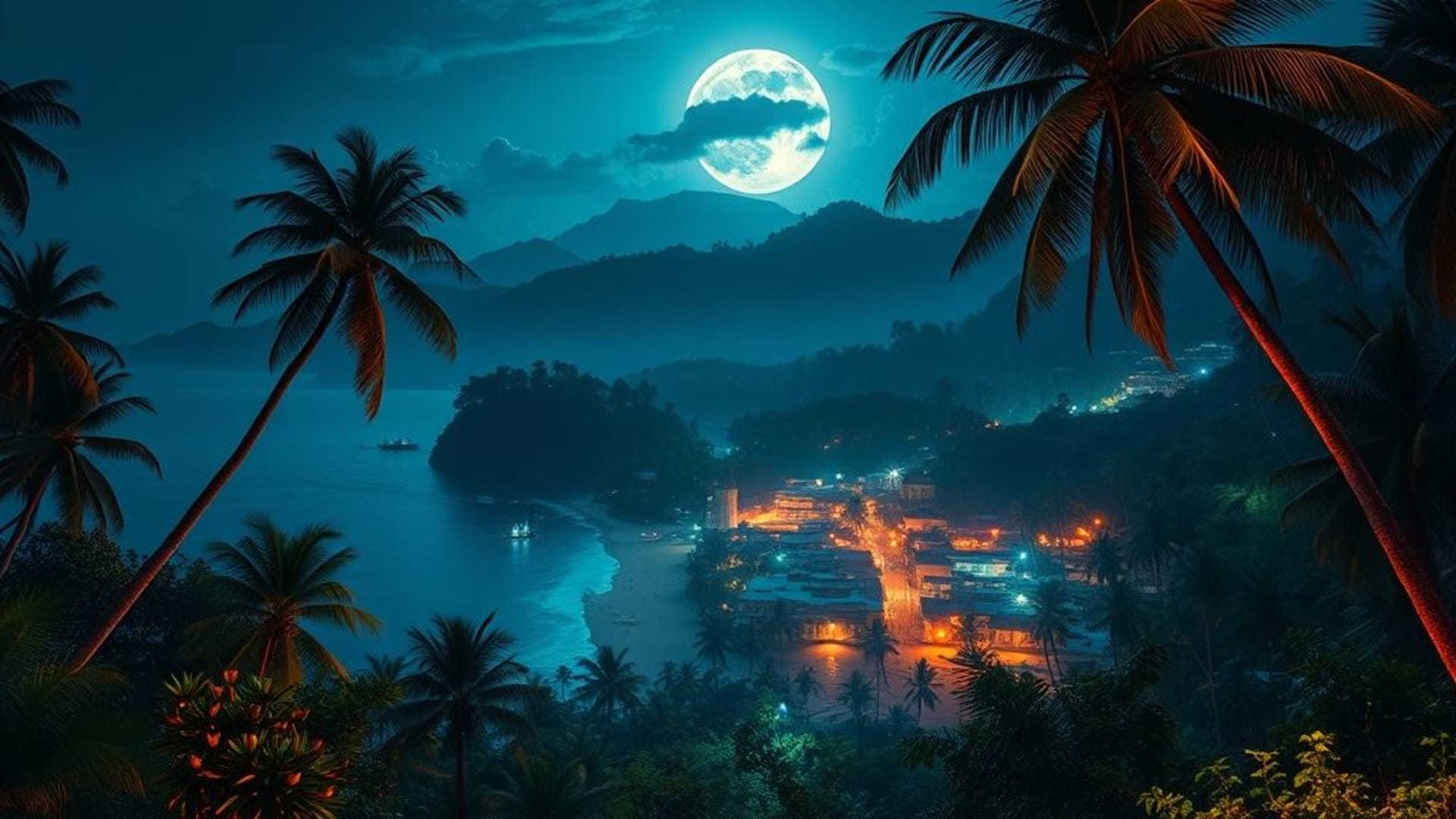 plages tropicales au coucher du soleil , forêts enneigées avec chemins mystérieux , villes futuristes la nuit illuminées