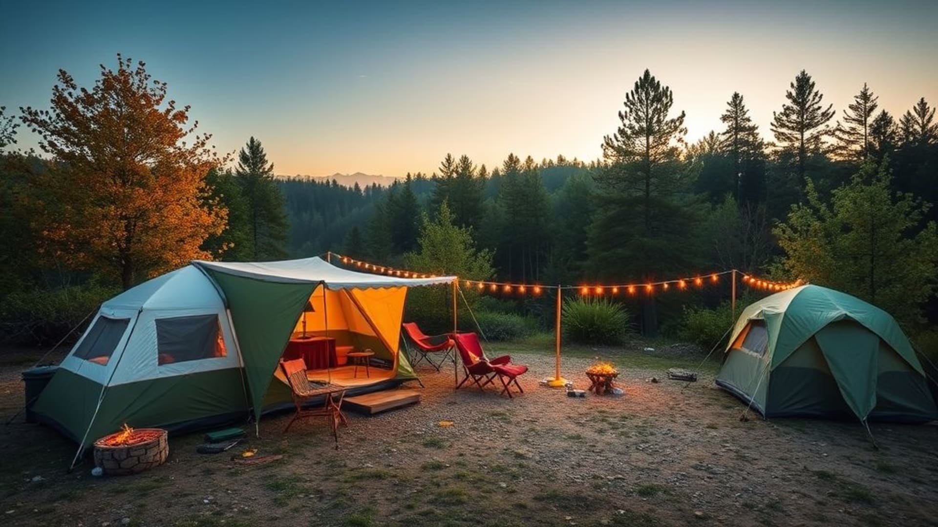 scènes de voyage en camping dans la nature, tentes et feux de camp