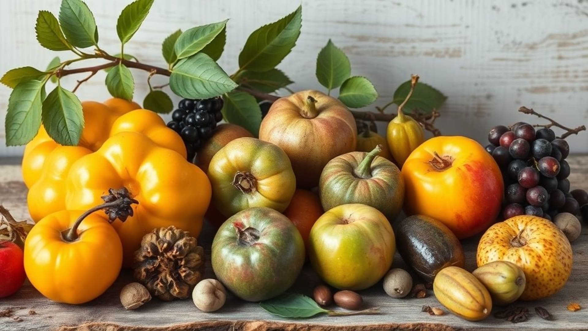 nature morte avec fruits, légumes et textures rustiques