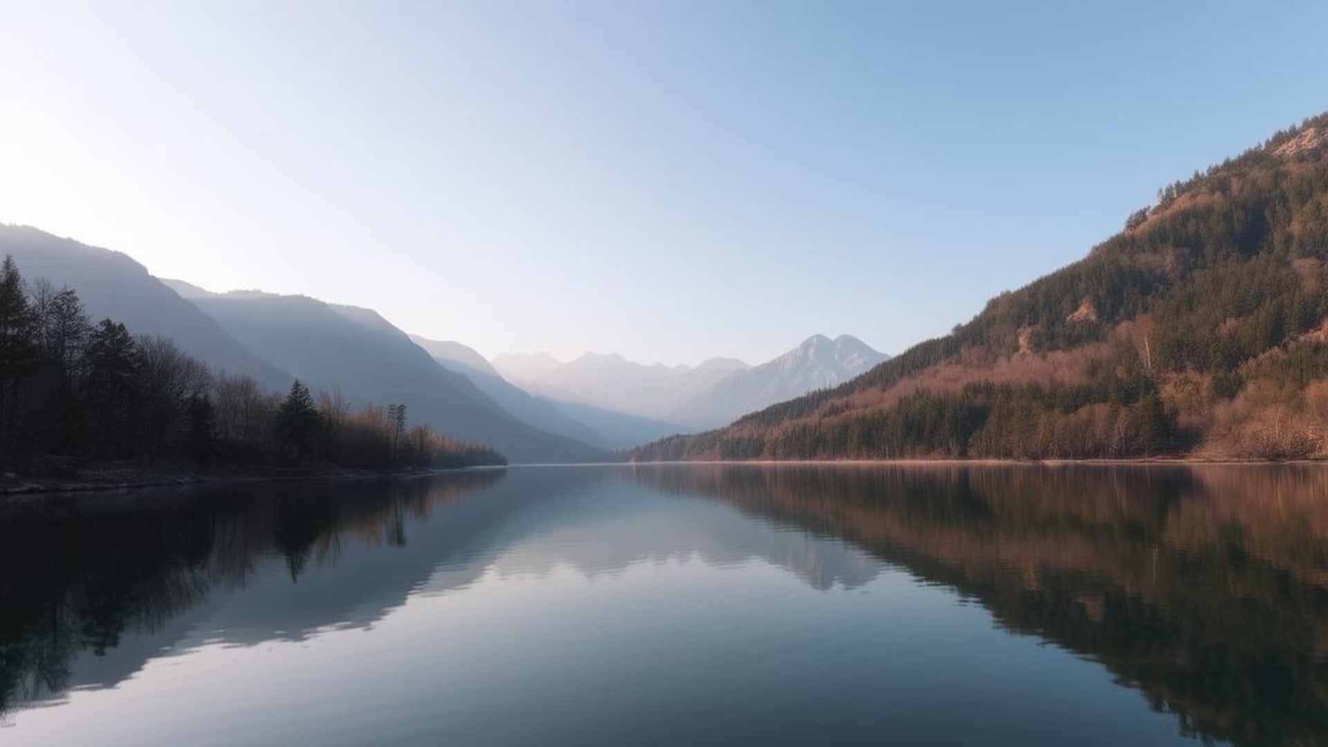 reflets dans l’eau calme avec arbres et montagnes déformés par la surface
