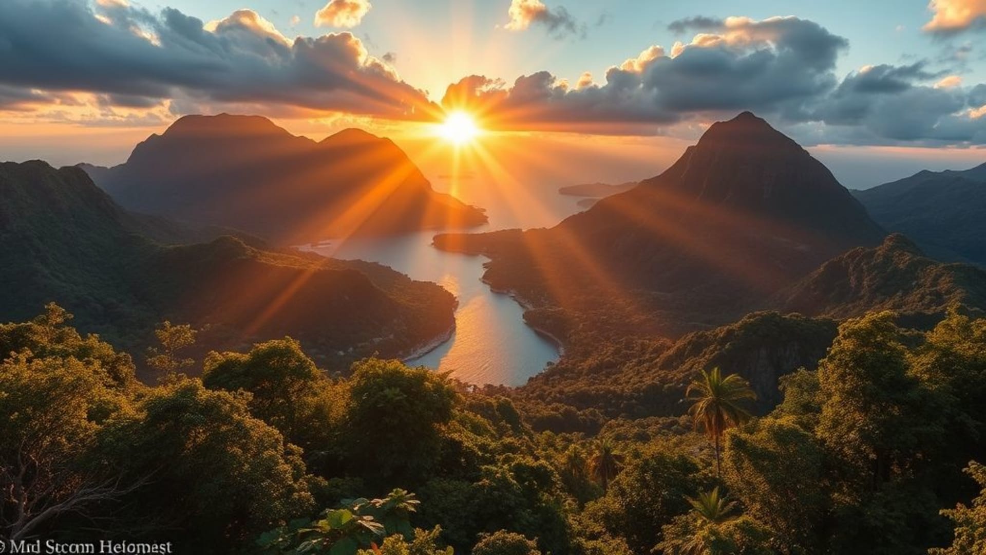 montagnes enneigées au lever du soleil, forêts tropicales luxuriantes avec rayons de lumière, océans calmes avec coucher de soleil coloré