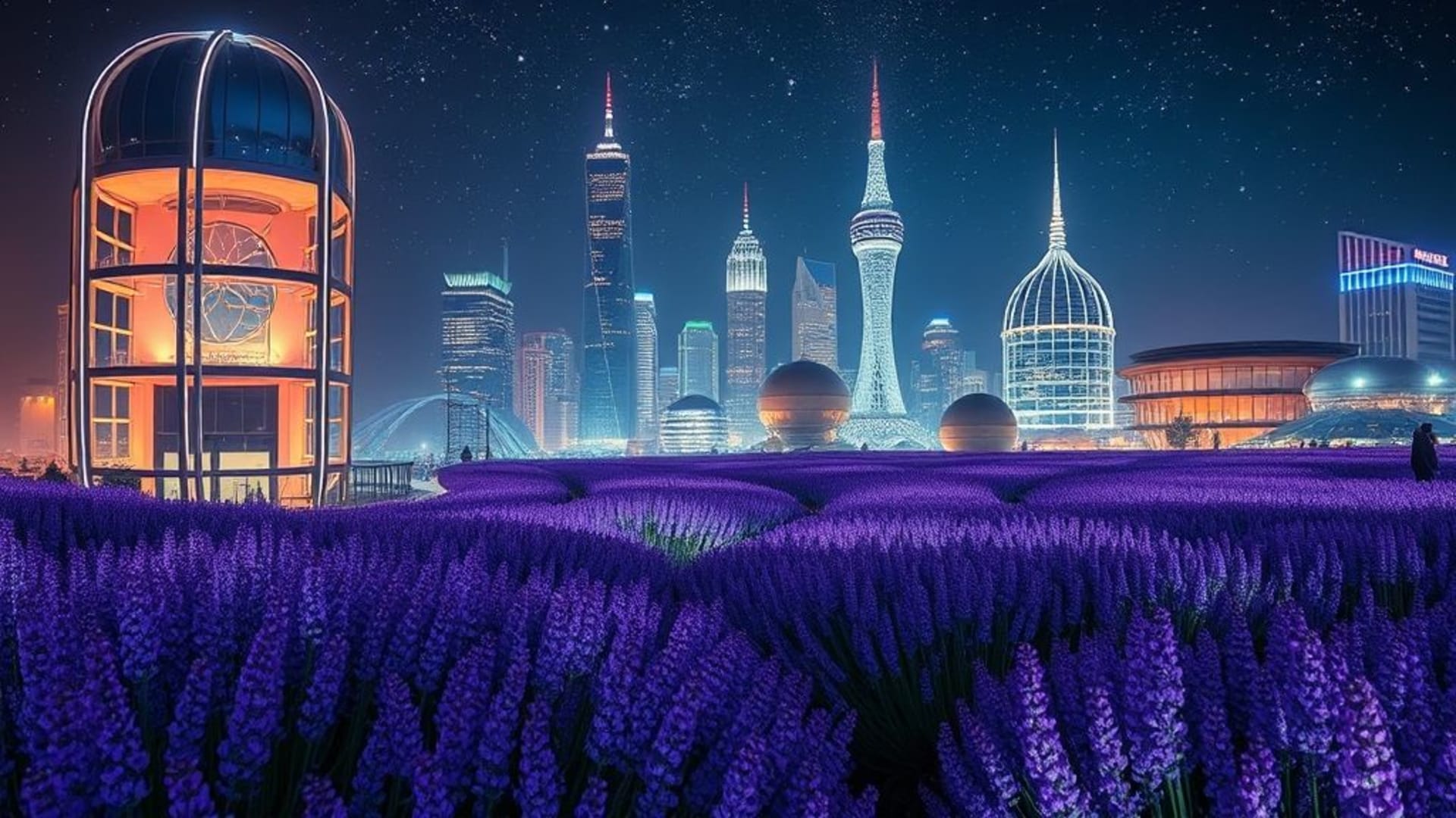 villes futuristes illuminées la nuit, champs de lavande en pleine floraison sous ciel clair